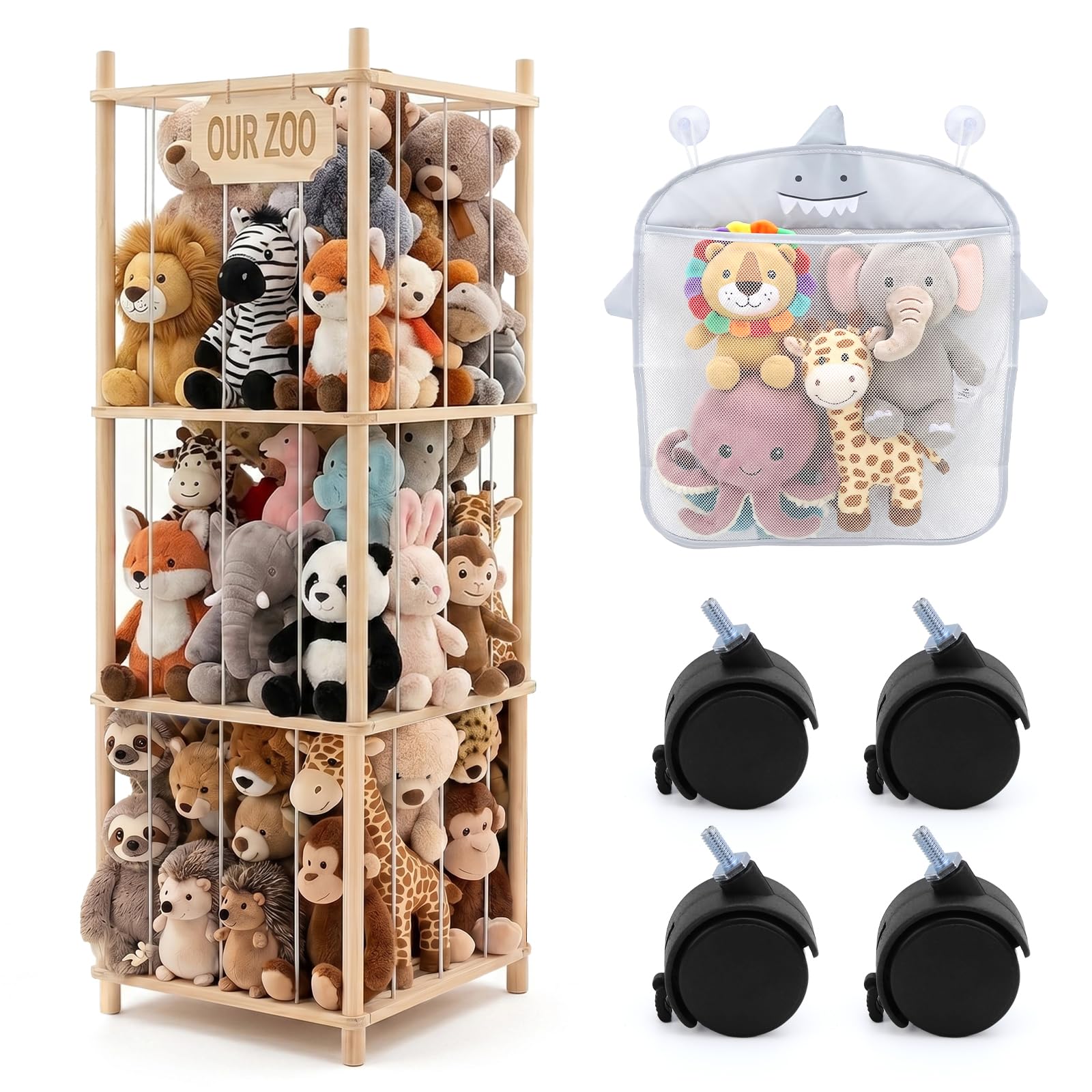 Caja de almacenamiento de animales de peluche de madera, 146 cm, con ruedas, 3 niveles, almacenamiento de peluche, organizador para habitación de los niños, estantería de zoológico de peluche, incluye