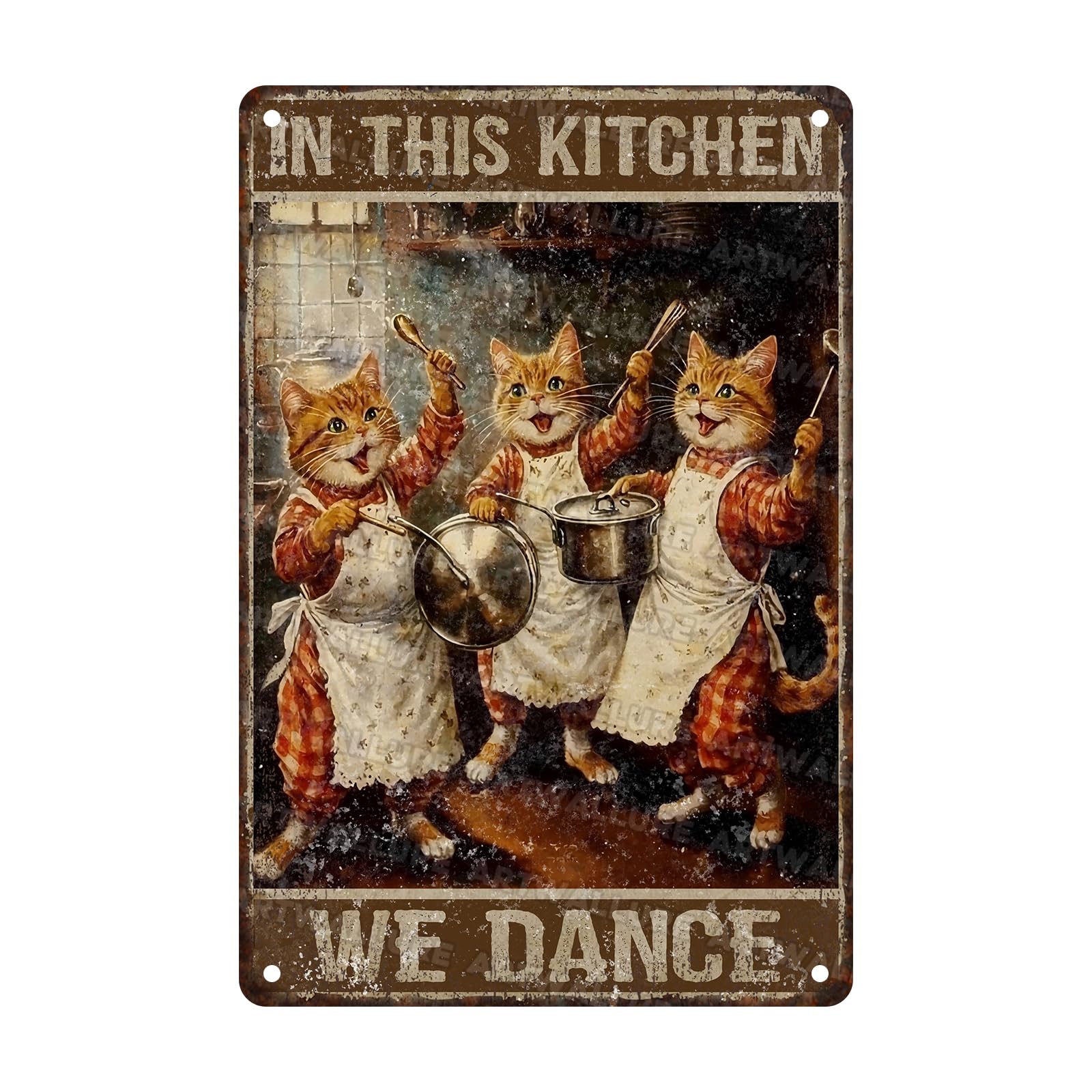 Cat Vintage Sign in This Kitchen We Dance Metal Tin Sign Funny Cat Tin Sign Love Cooking Poster Love Cat Poster 8x12inch