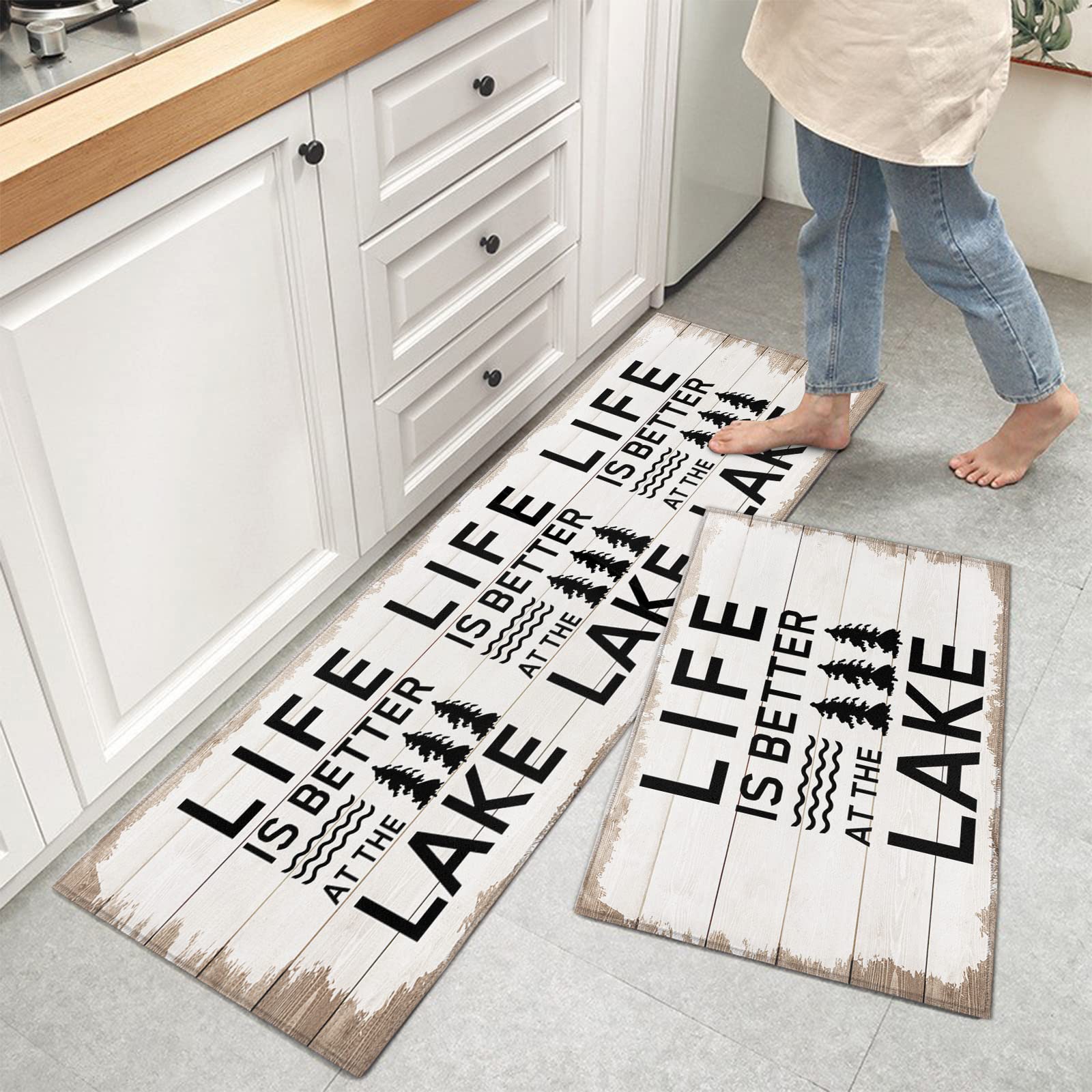 Kitchen Mats for Floor, Life is Better at The Lake Summer Bush Forest on Wood Kitchen Rugs, Kitchen Organization Anti-Fatigue Kitchen Mat, Kitchen
