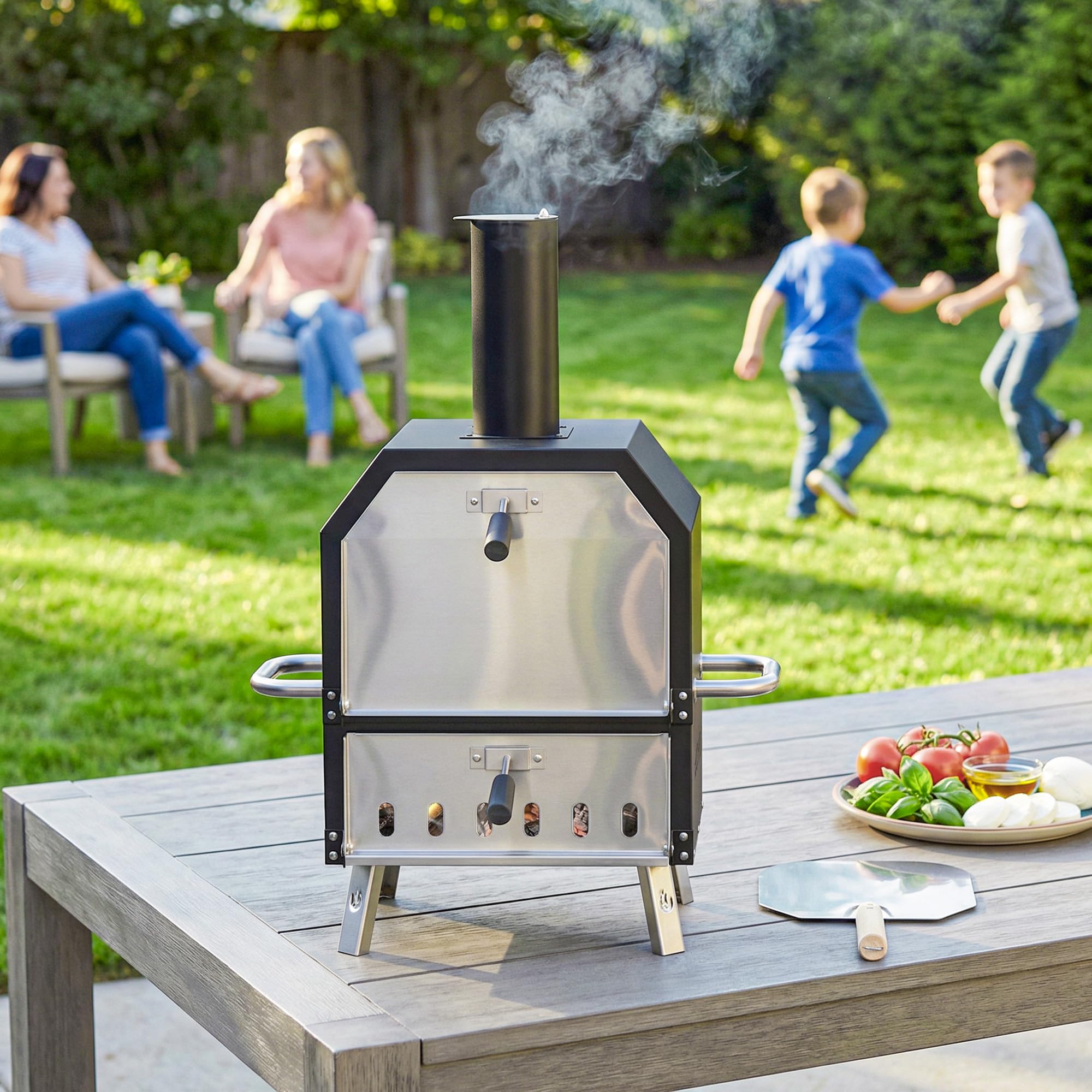 Outsunny Four à Pizza Extérieur à Bois et Charbon - Barbecue Fumoir 2 Étages avec Pierre 30 cm, Portable Pieds Pliables, Noir