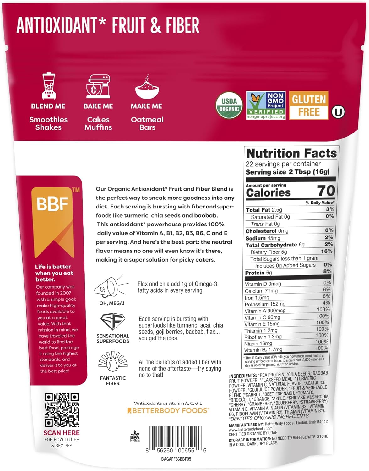 BetterBody Foods Organic Antioxidant Fruit and Fiber Superfood Blend,12.7 Ounce,Powder,(Pack of 2)