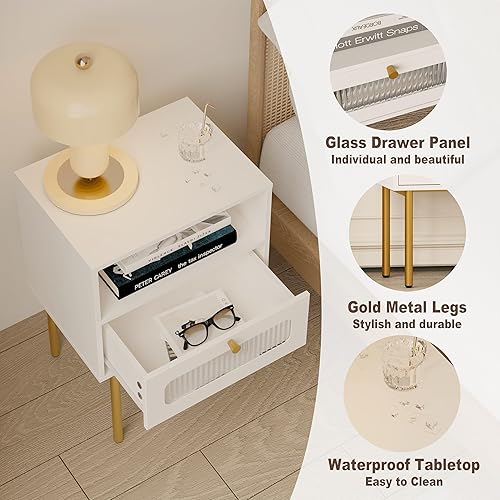 Miniatura 5 de Mesita de noche, mesa auxiliar moderna blanca con cajón de almacenamiento y estante de madera abierto, mesa auxiliar pequeña con puerta decorativa