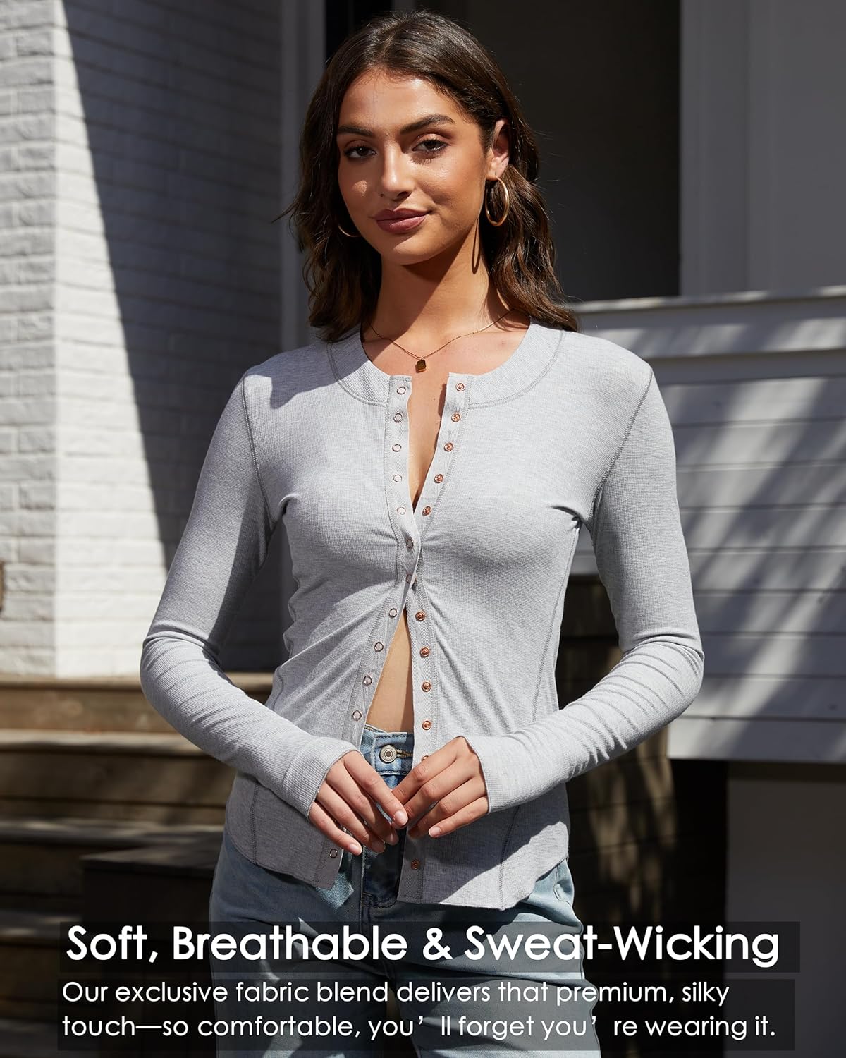 Cardigan For Women Lightweight Snap Button Down Shirts Ribbed Knit Long Sleeve Tops Crewneck Slim Fit Y2K Going Out Tops - Image 7