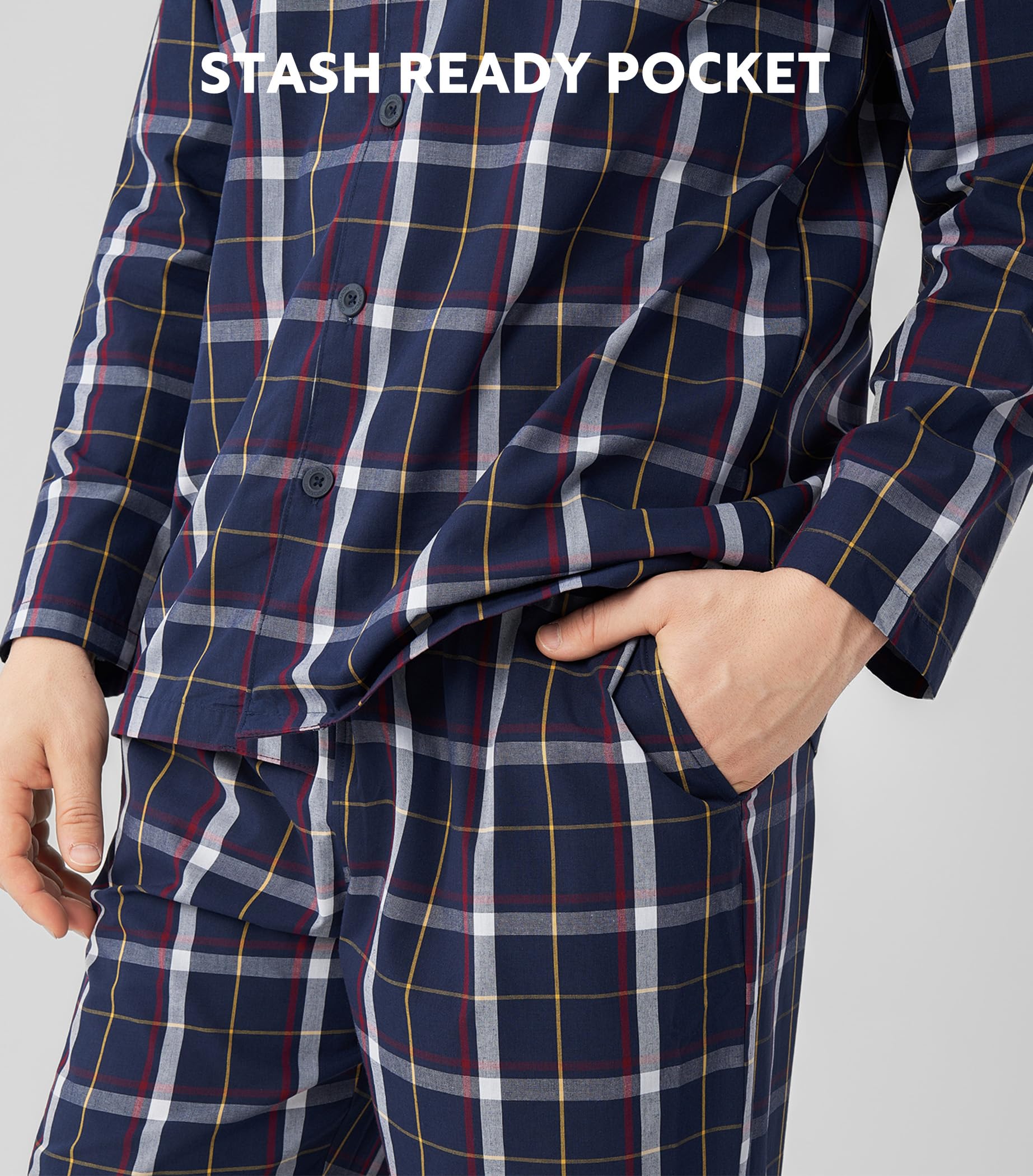 DAVID ARCHY Conjunto de Pijama de algodón para Hombre, Camiseta de algodón de Manga Larga con Pantalones Largos, Ropa de Dormir de Dos Piezas, Ropa de Dormir Suave y Transpirable, Pack de 1