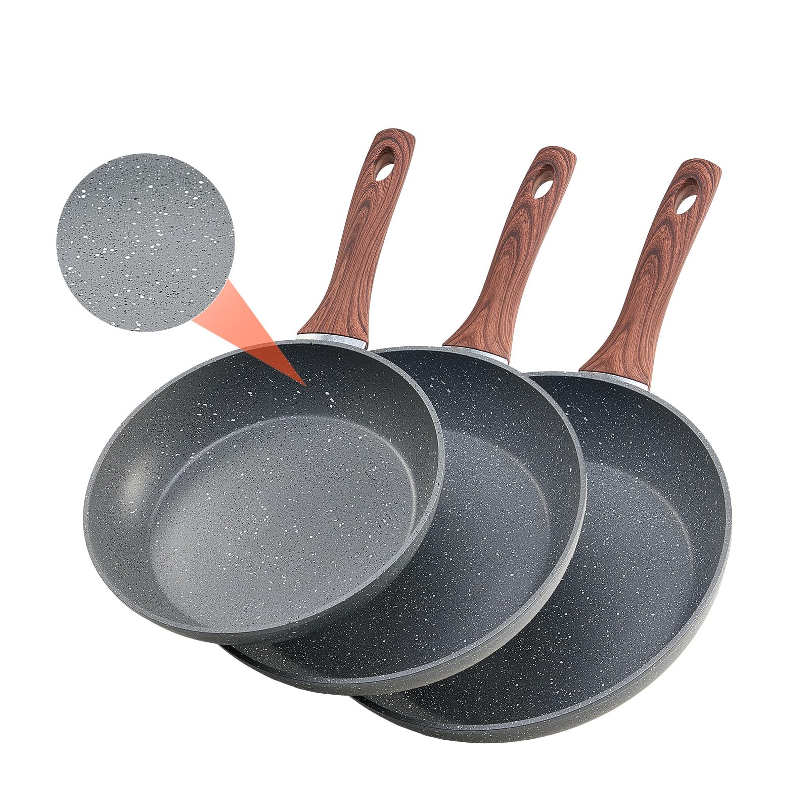 VEVOR Frying Pan Skillet, Aluminum Egg Fry Pans, 3 Piece, Nonsitck Ceramic Heavy-Duty Skillets with Heat-Resistant Handle, Chef's Cookware (250, 280, 325 mm, Maifan Stone Coating)