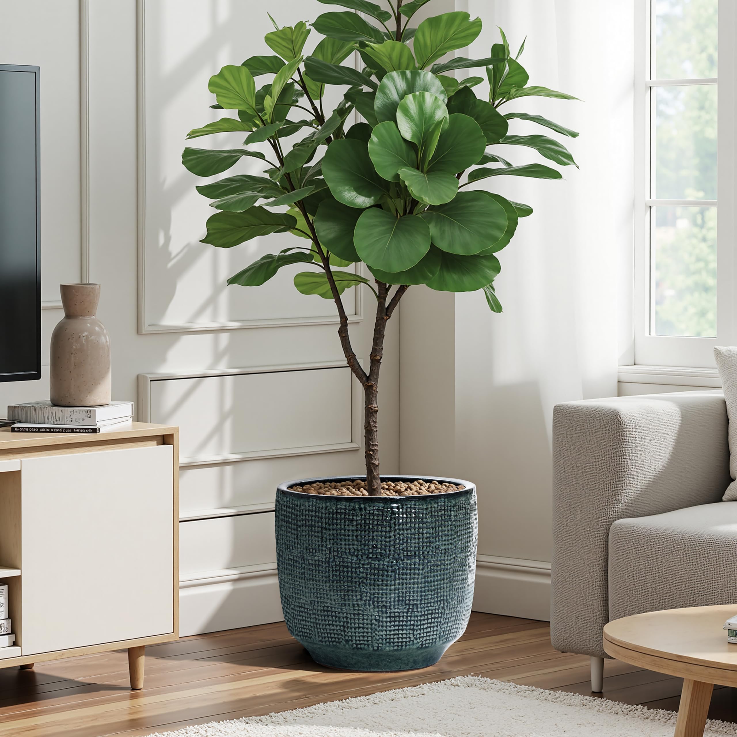 Hometopia Keramik Blumentopf Groß, Round Übertöpfe Außen & Innen, Massiver Pflanzkübel mit Drainage-Loch ideal für Wohnzimmer, Küche und Balkon (Dunkelgrün, Ø30xH28 cm)