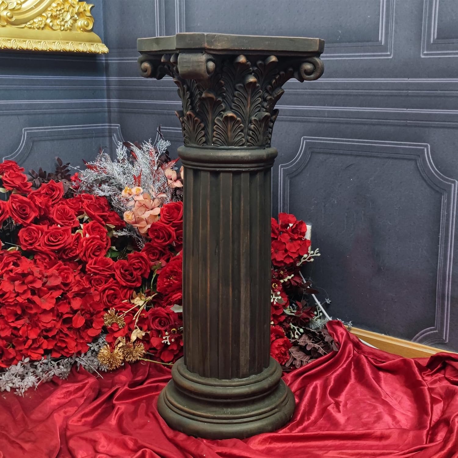 OUTOUR Unique Magnesium Oxide Corinthian Greek Column Pillar with Stand Base Pedestal for Indoor Outdoor Garden Backyard Courtyard Patio Decor33.5’’High,Antique Bronze