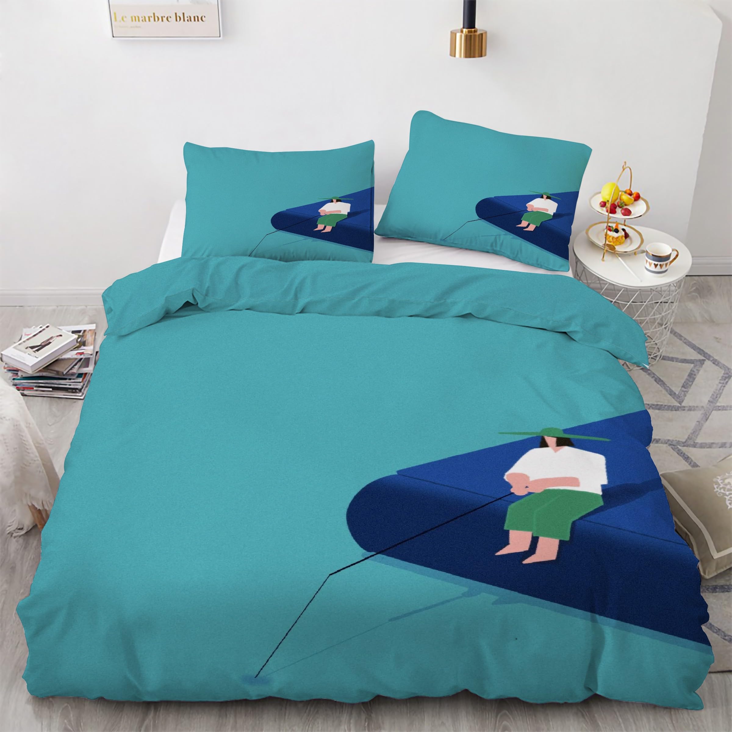 Housse de couette 160x200 bleu anti-plis avec fermeture éclair