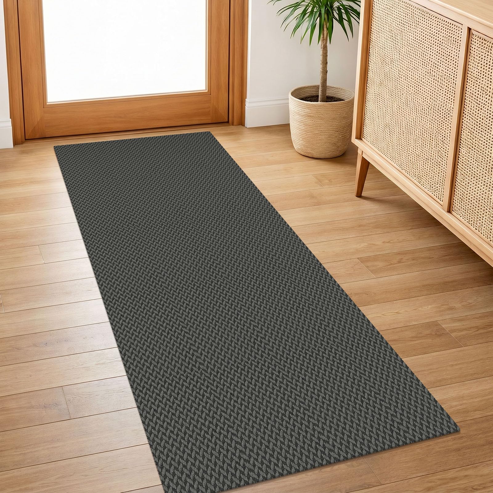 IOHOUZE Washable Runner Rug 2x5 Non Slip Runners for Hallways Entryway Runner Indoor, Kitchen Throw Rug Woven Cotton Floor Carpet for Hall Entrance Bedroom, Grey/Black