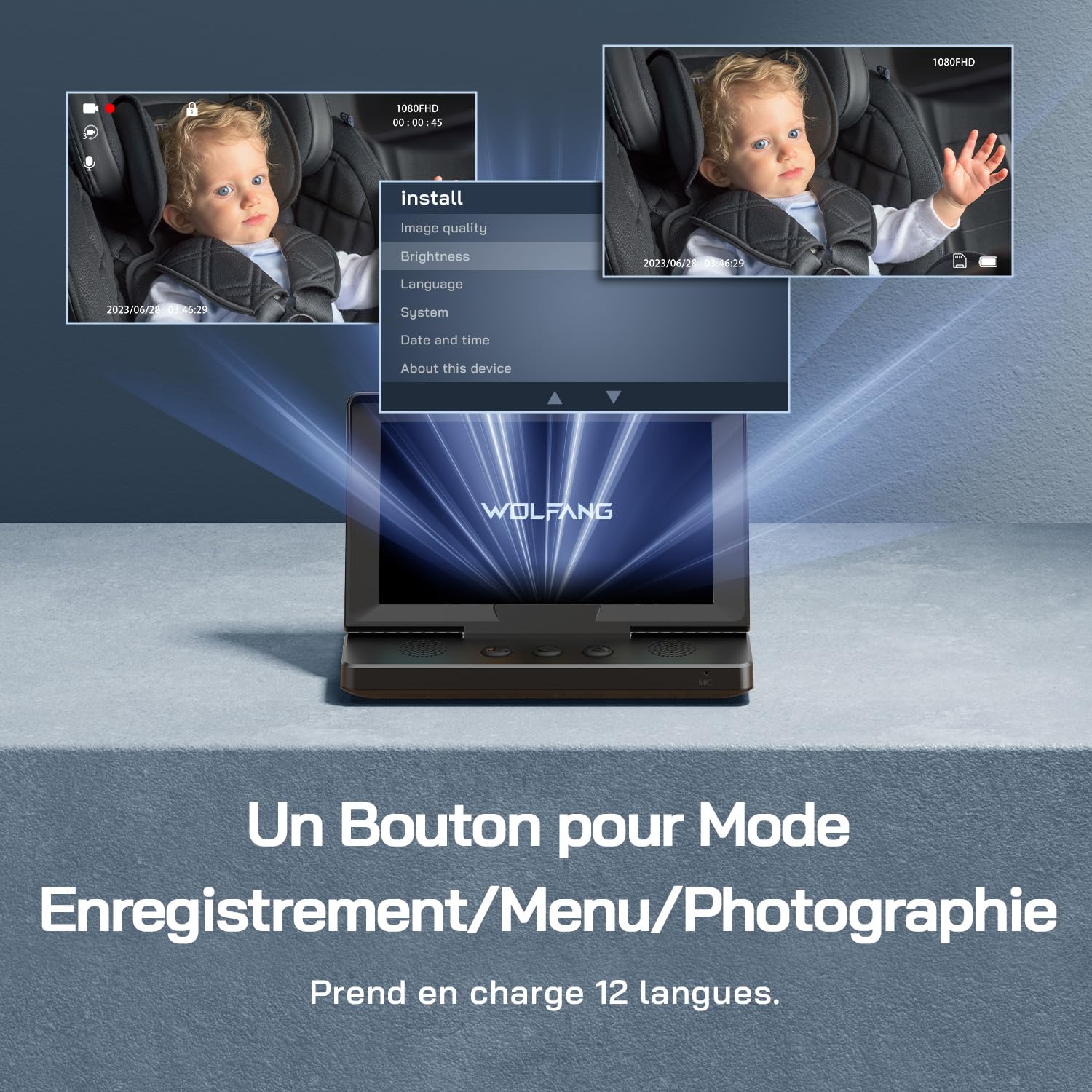 WOLFANG Miroir Voiture Bébé HD 1080P Retroviseur Voiture Bebe, USB-C Plug and Play Installation facile, moniteur pour bébé avec écran de 5 pouces et caméra de vision nocturne