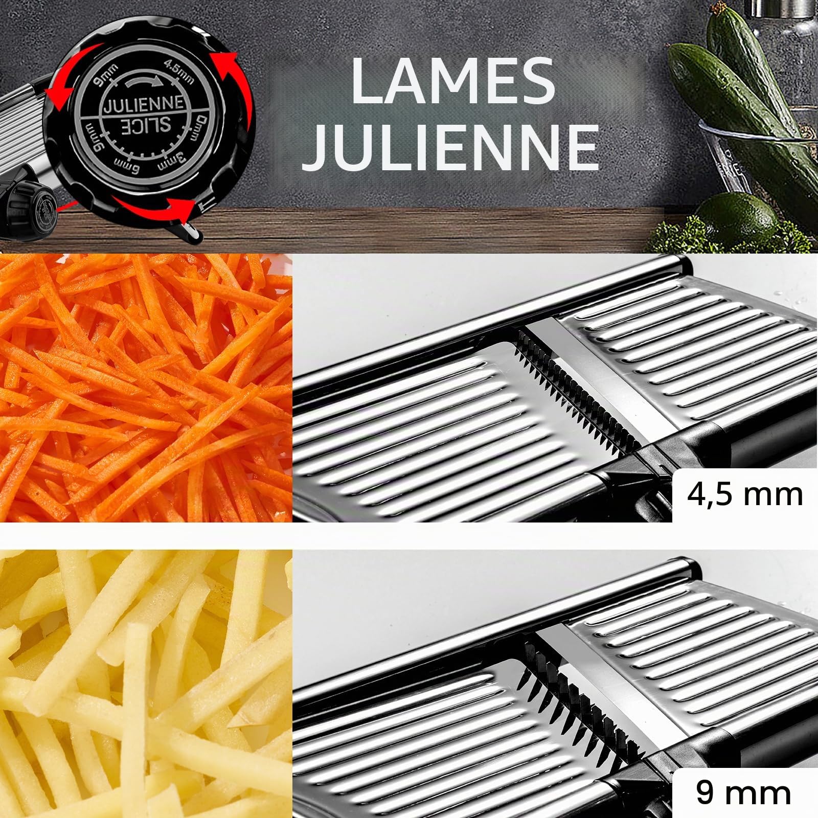 VEKAYA Mandoline Cuisine, Coupe Legumes Inox Professionnelle, Coupe Frites Manuel avec Protège Main et Gants de Sécurité, Mandoline Multifonctions avec Lames Réglable (Argent)