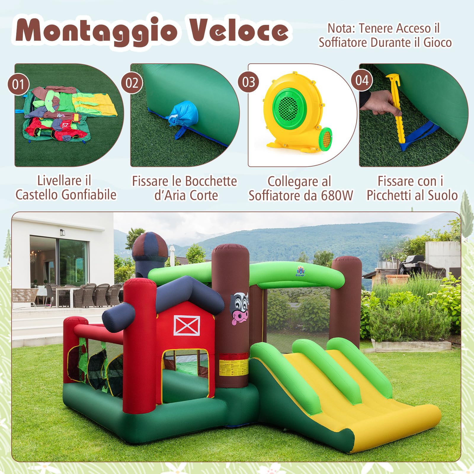 COSTWAY Castello Gonfiabile per Bambini con Soffiatore 680W, Grande Casa Gonfiabile con Doppio Scivolo, Piscina di Palline e Gioco di Lancio ad Anelli, da 3 a 12 Anni, per Interno o Esterno