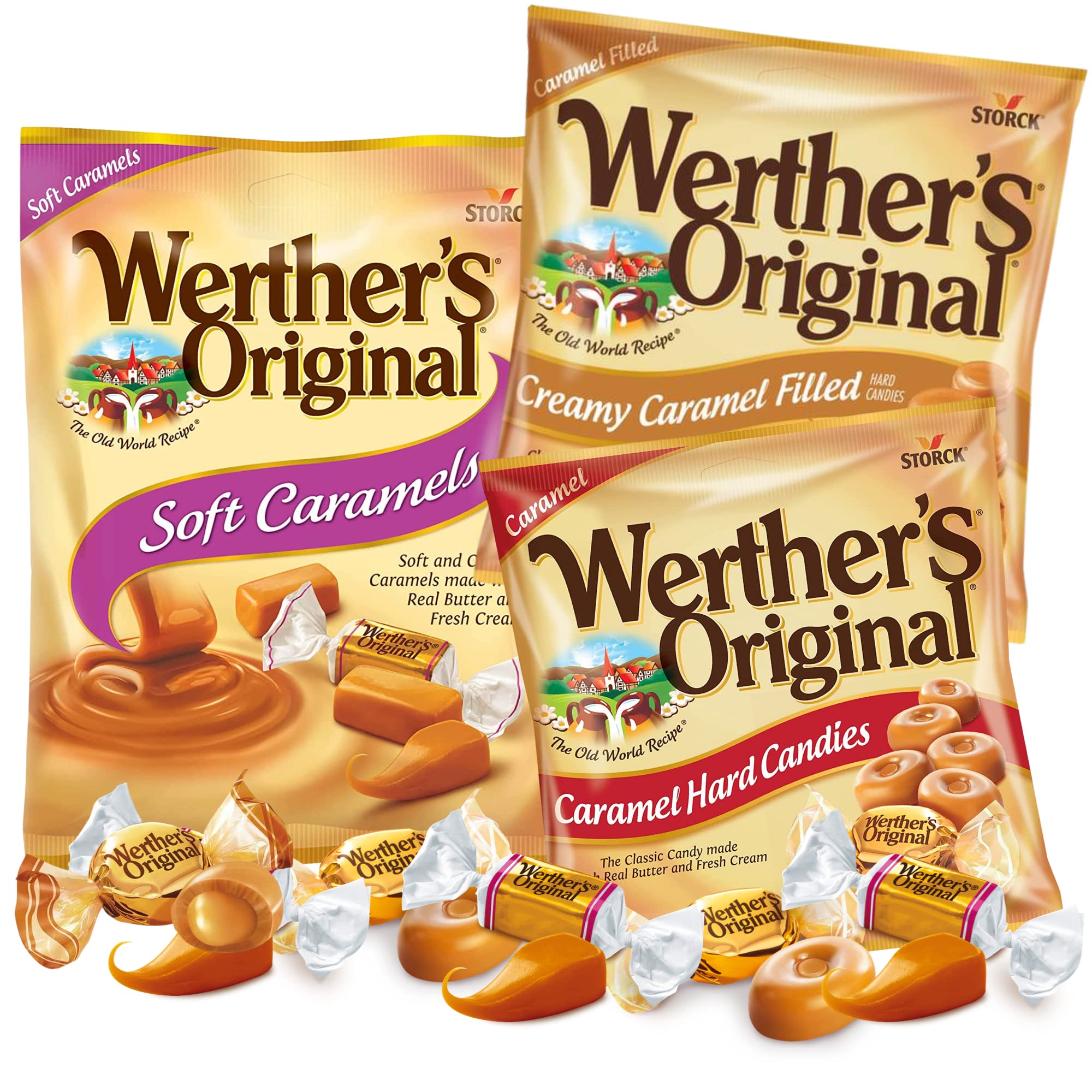Wether's Original Caramel Candy Assortment, Individually Wrapped Hard, Soft and Creamy Filled Caramels, Shareable Bite Sized Candies for Home and Office Candy Bowls, Pack of 3, 2.5 Ounces Each