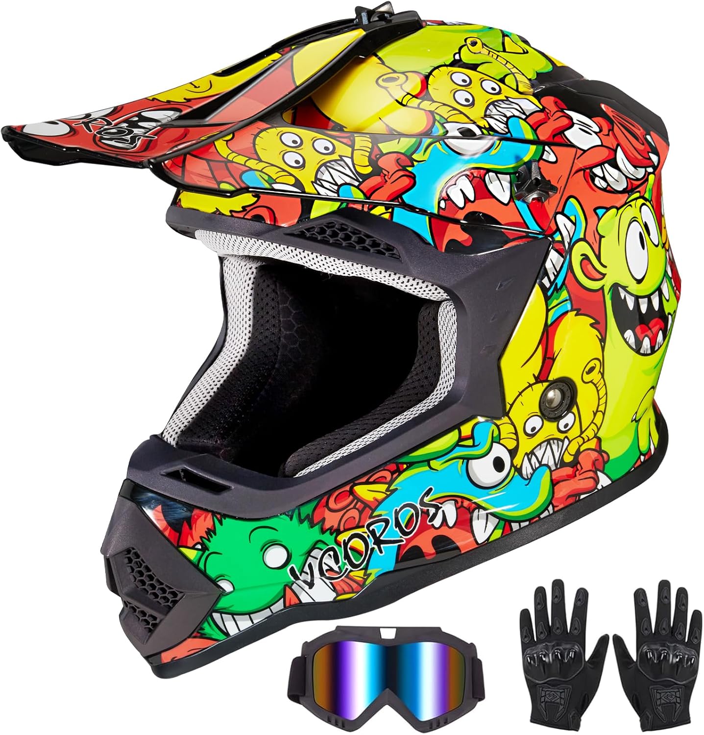 VCOROS Youth Kids Dirt Bike Helmets Motocross Street Offroad BMX MX ATV Dirtbike Motorcycle Helmet VS-905 with Goggles Gloves DOT Approved Color Cartoon Bean Medium