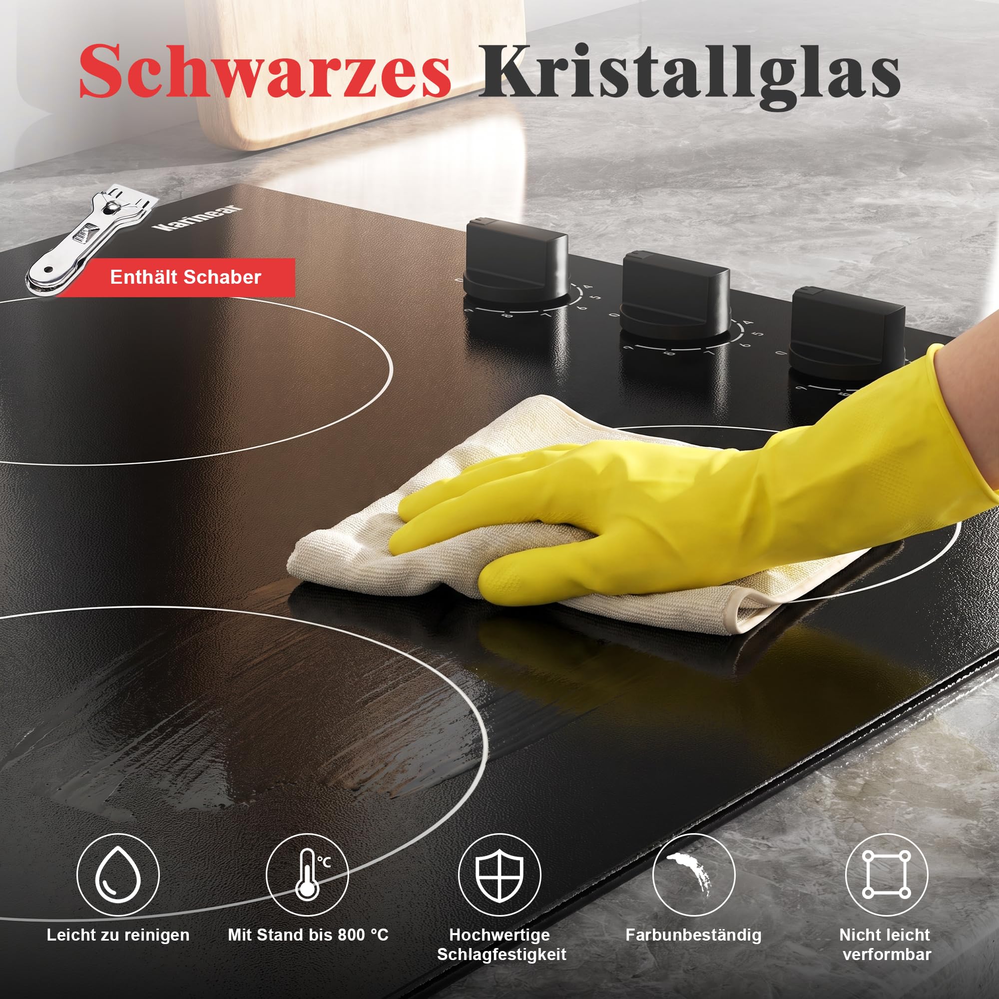 Herdplatte 4 Kochfelder 6000W 60 cm mit Drehknopfsteuerung | Einbau Kochfeld mit 9-Stufen, 4 platten mit Leistungsstufen, universelle Topfkompatibilität, Kein Stecker, 240V