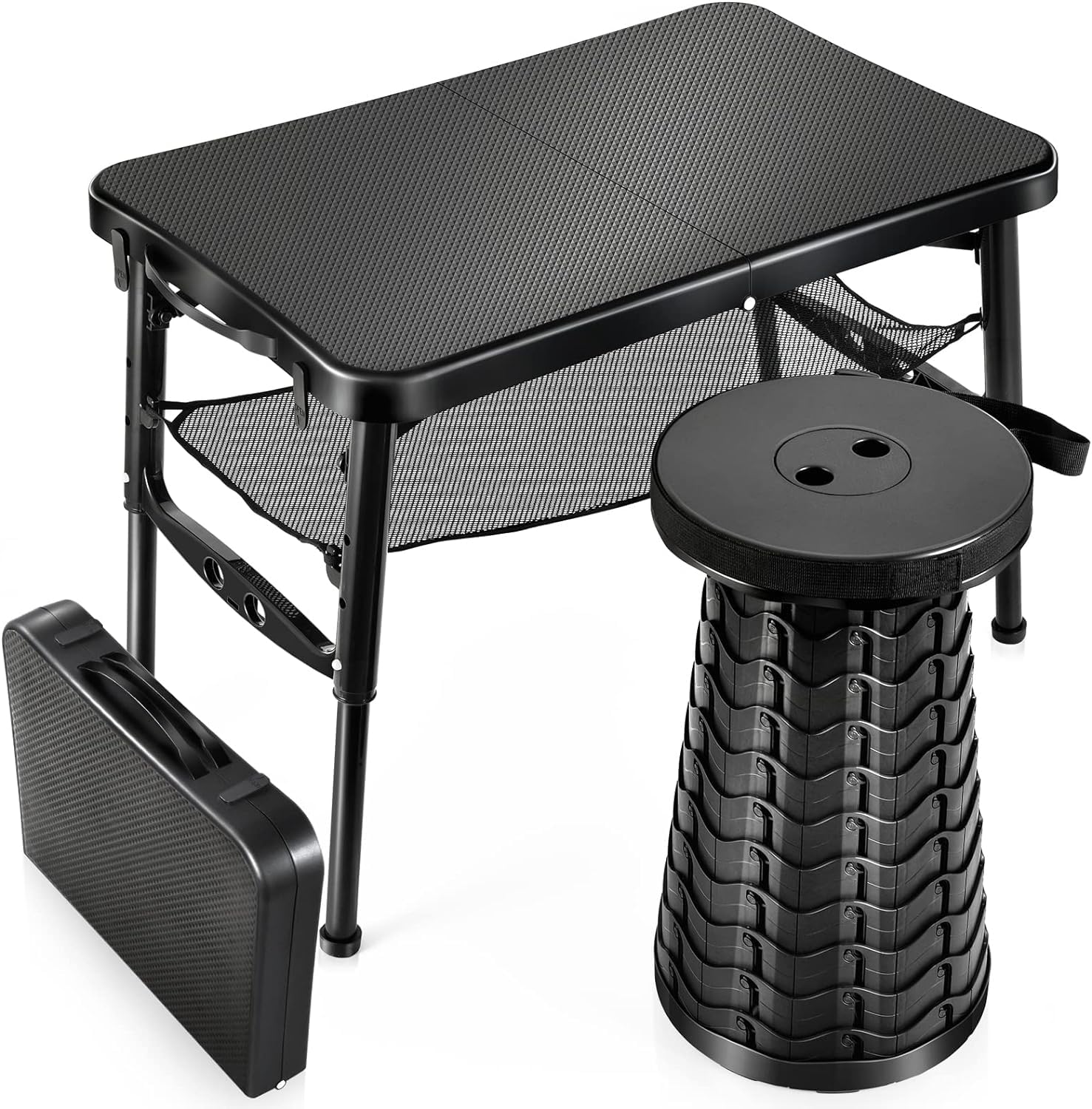 Taylor & Brown Portable Folding Camping Table and Telescopic Stool Set, Adjustable Height Foldable, Lightweight and Sturdy for Outdoor Picnic, Beach, Also Ideal as Lap Desk, Bed Table (Black)