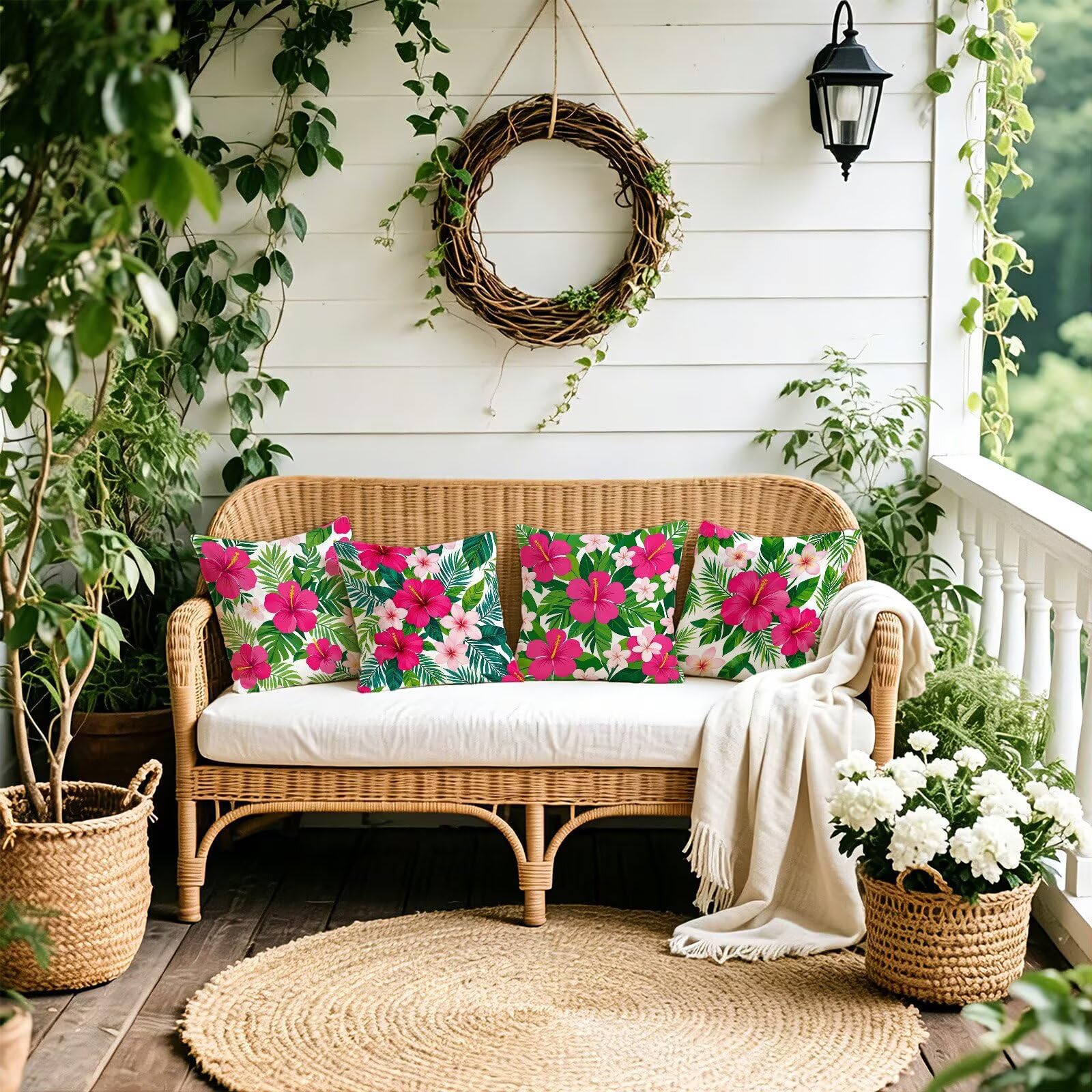 Coussin Exterieur Impermeable Rose, Taie Oreiller 45x45 Set de 4, Cod-3337