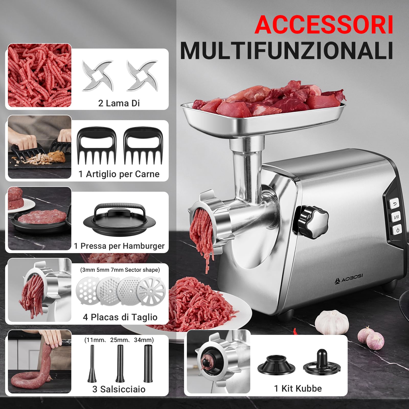 AAOBOSI #12 Tritacarne, [3000W Max], tritacarne elettrico a 3 velocità per uso intensivo: 2 lame, 4 piastre, 3 riempitori per salsicce, kit per Kibbe, pinza per carne, pressa per hamburger, Argento