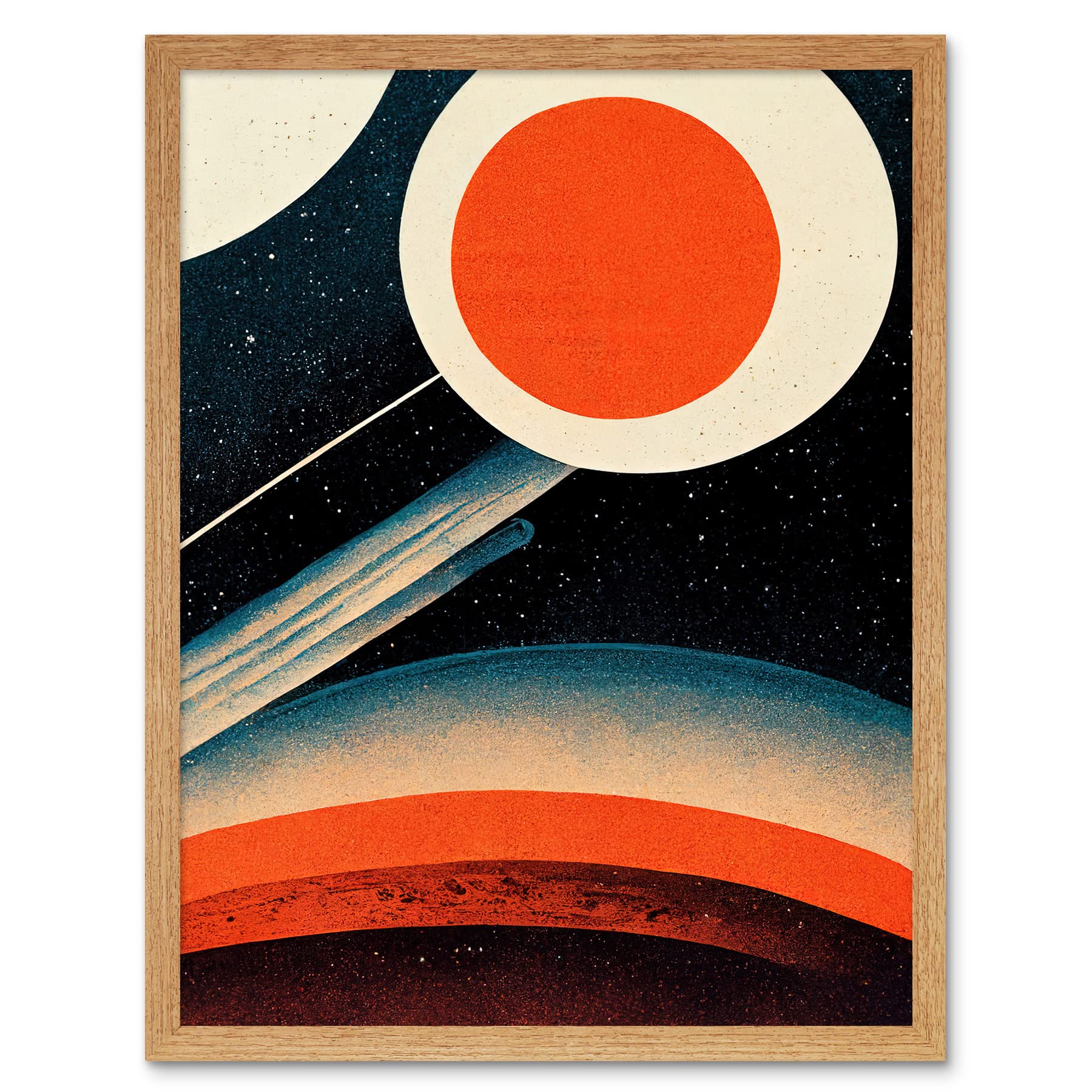Retro Boho Space Starscape Abstract Wall Art Print - Mid Century Style Navy Teal Orange Cream - Artery8 Framed Print W12xH16 inch