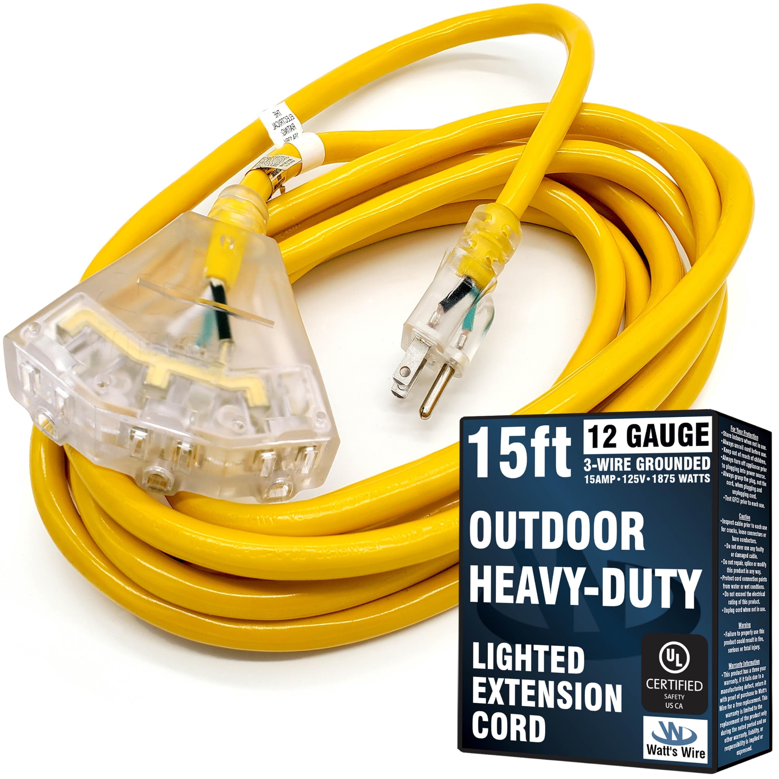 Watt's Wire Heavy Duty Outdoor Verlängerungskabel | Netzkabel Multi-Stecker mit beleuchteter Steckdose | SJTW Indoor / Outdoor Gelb | 4,5 m 12 AWG 15 Amp Verlängerungskabel – 4,6 m