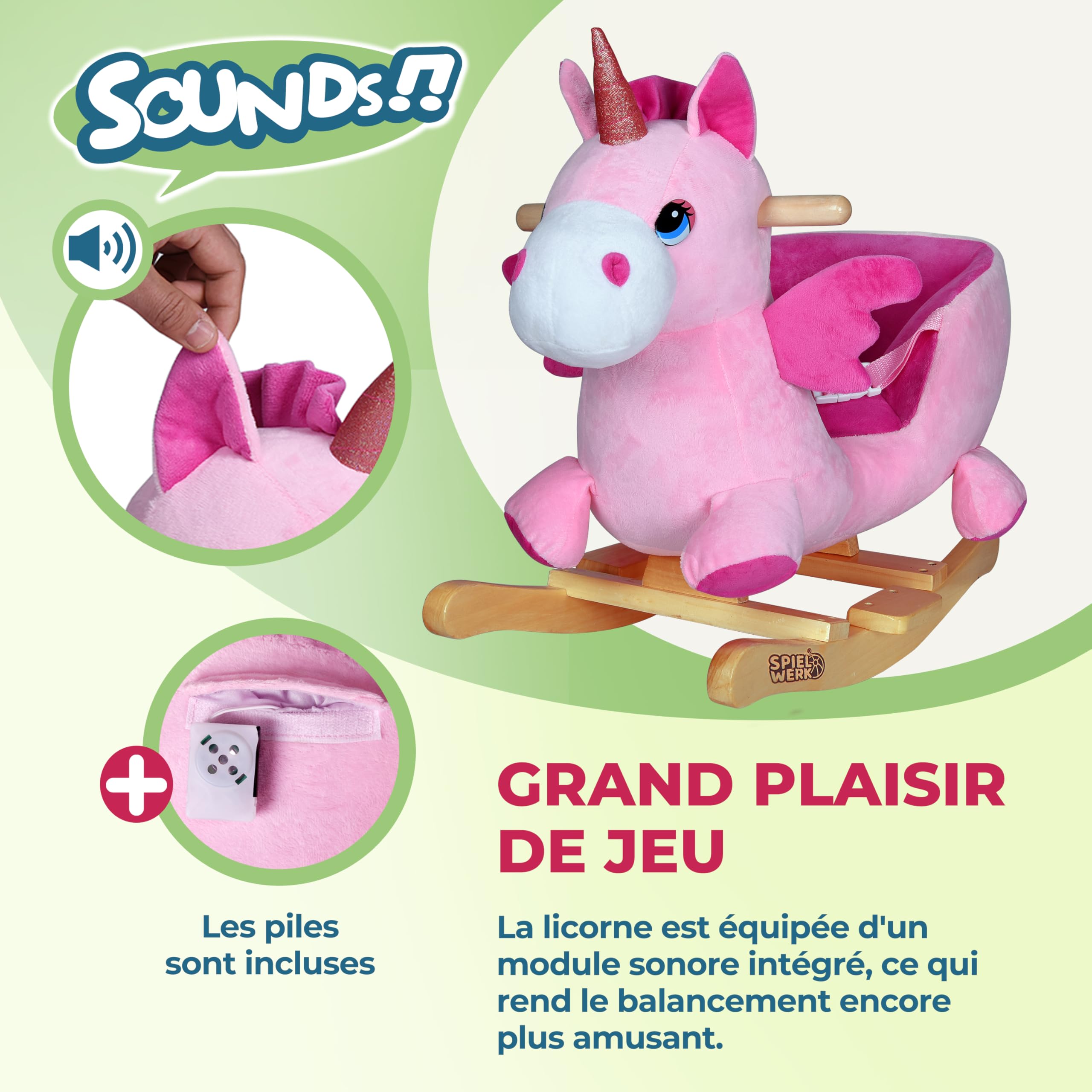 SPIELWERK® Licorne à Bascule Animal à Bascule en Peluche Ceinture sécurité Entraînement équilibre Fonction sonore Cheval Doux
