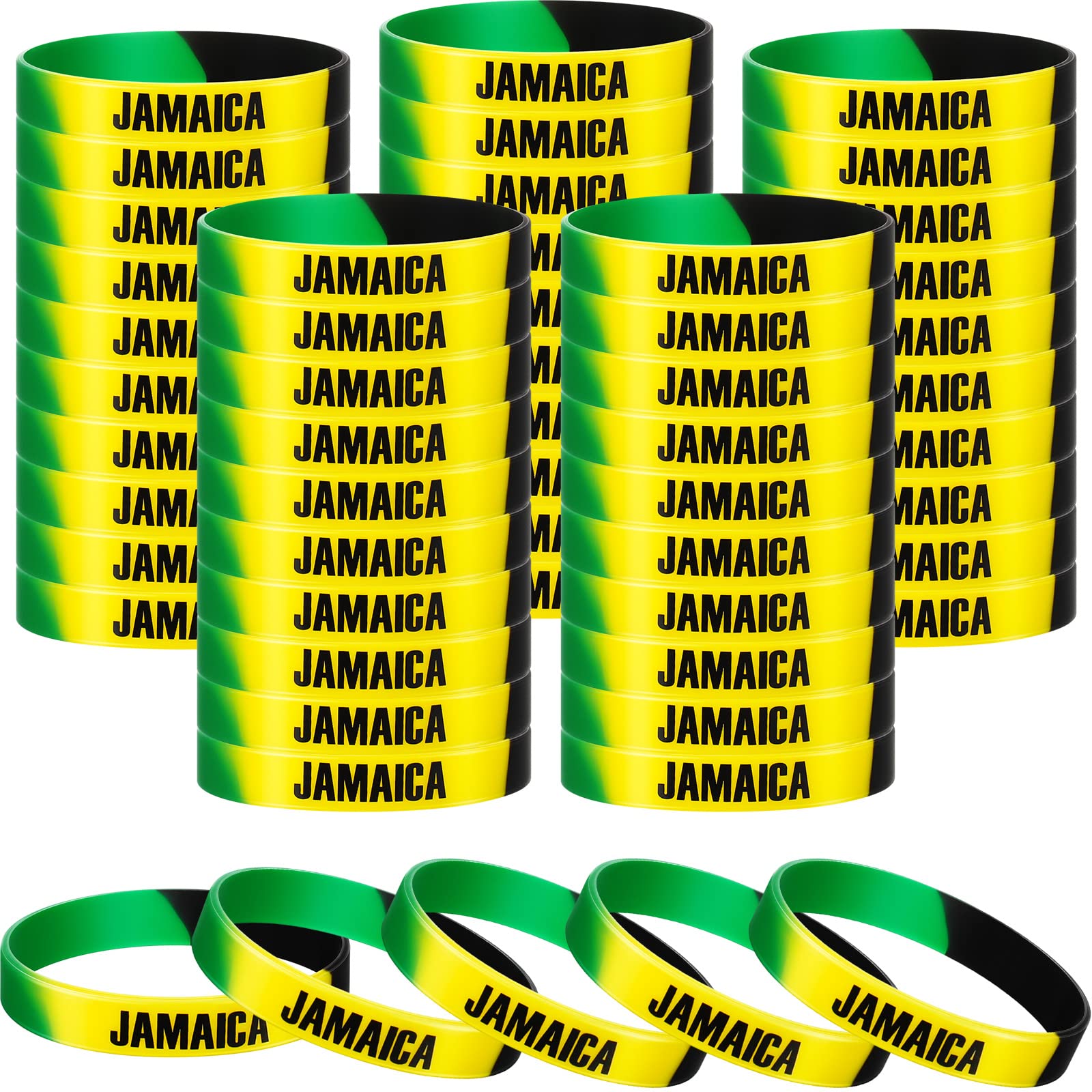 LeiteeLeitee 50 Pcs Jamaican Silicone Bracelet Bulk Black Yellow Green Jamaican Country Flag Rubber Wristband for Men Women Birthday Party