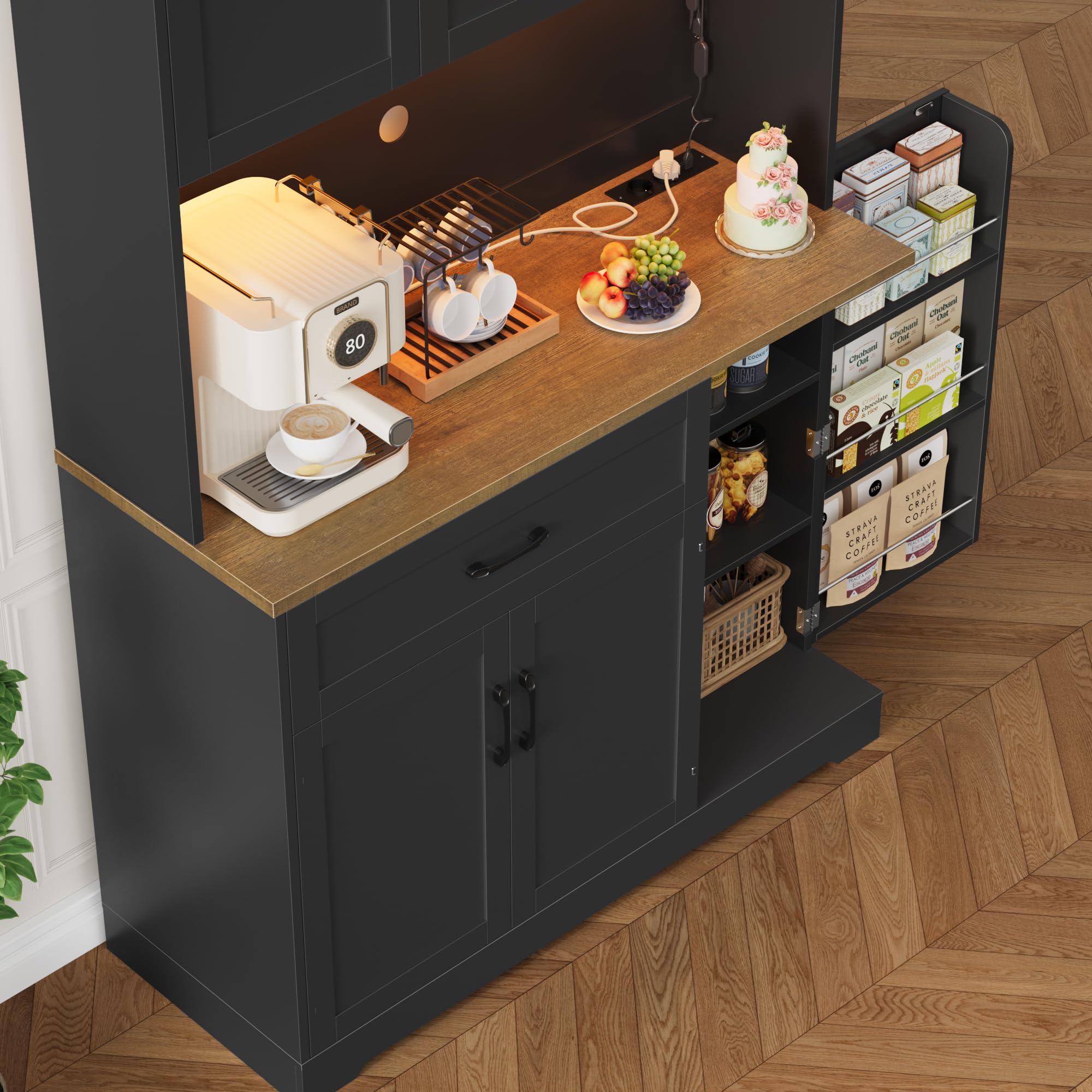 FirFurd Buffet 180cm Meuble Cuisine Rangement avec LED/Multiprises Noir | 180.5x100x38.6cm, Vaisselier meuble de cuisine avec étagère à épices et réglables, grand tiroir, Pour salle à manger, salon