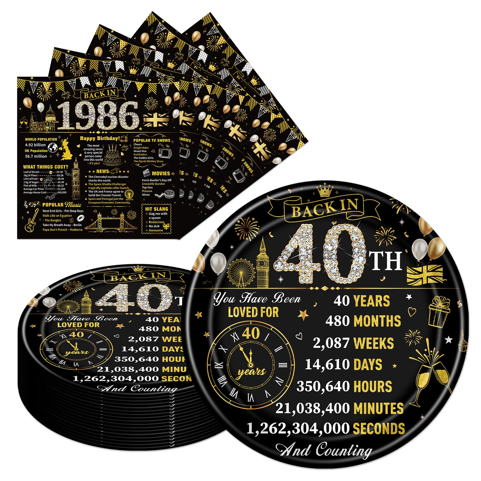 Eiapadeor 40th Birthday Decorations Tableware Set - 50 Pcs 40th Birthday Plates and Napkins Black Gold Back in 1986 Disposable Plates Set for Women Men Him Her 40 Year Old Party Supplies Serves 25