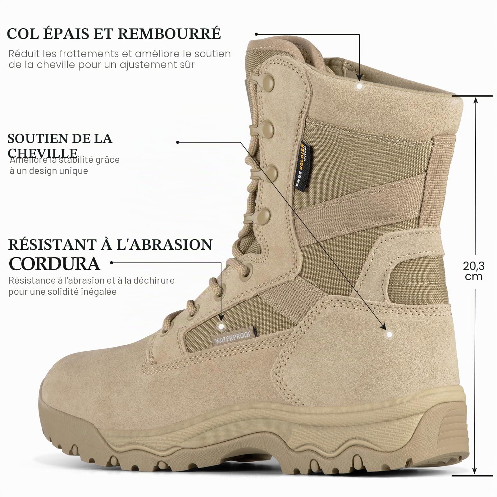 FREE SOLDIER Bottes tactiques pour hommes, 8 pouces, bottes de combat légères, durables, en cuir suédé, bottes de travail militaires, bottes de désert