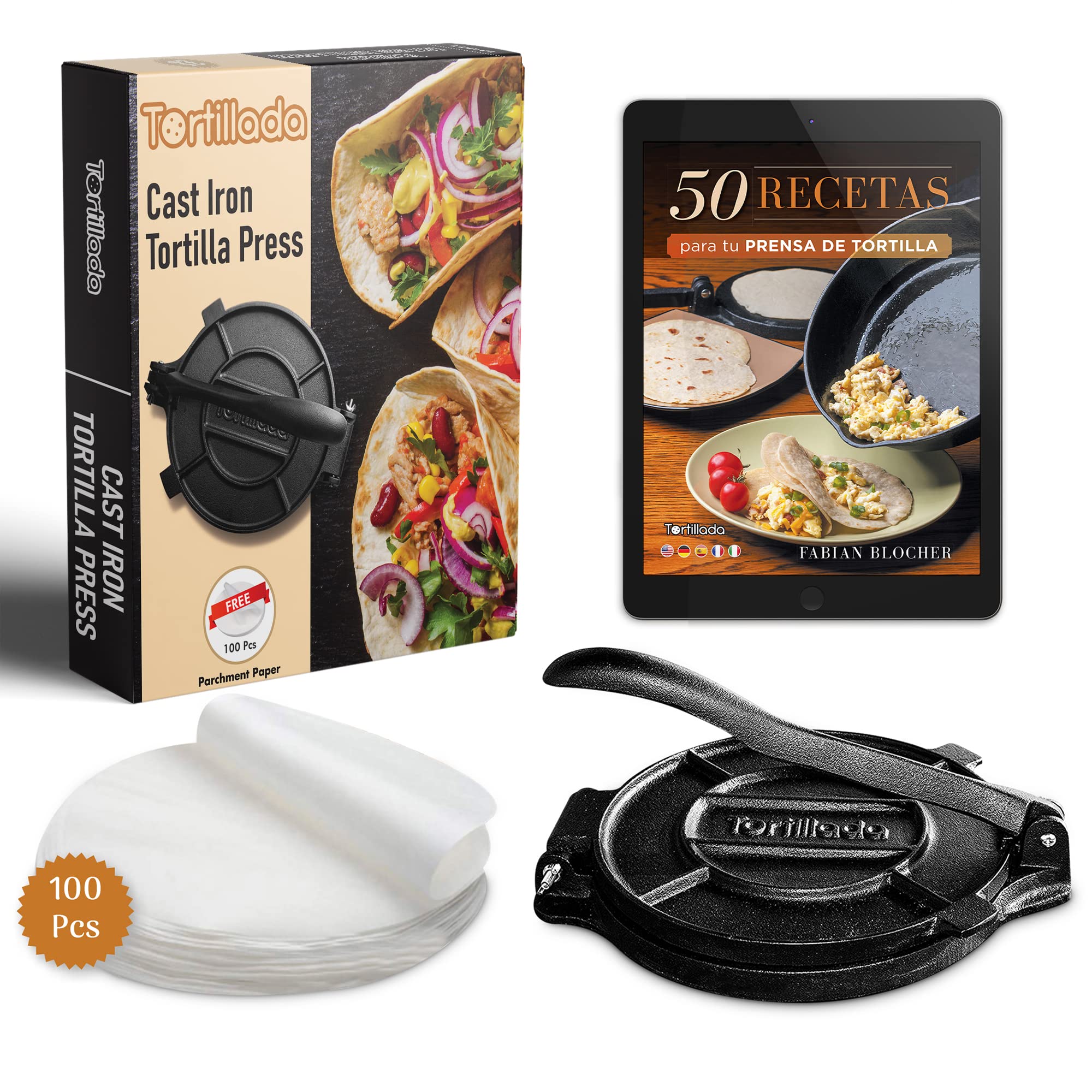 Tortillada - Prensa para Tortillas de Hierro Fundido 25 cm – Tortilla Maker para Tacos, Wraps y Pan Plano – con E-Book de Recetas y 100 Hojas de Papel Pergamino