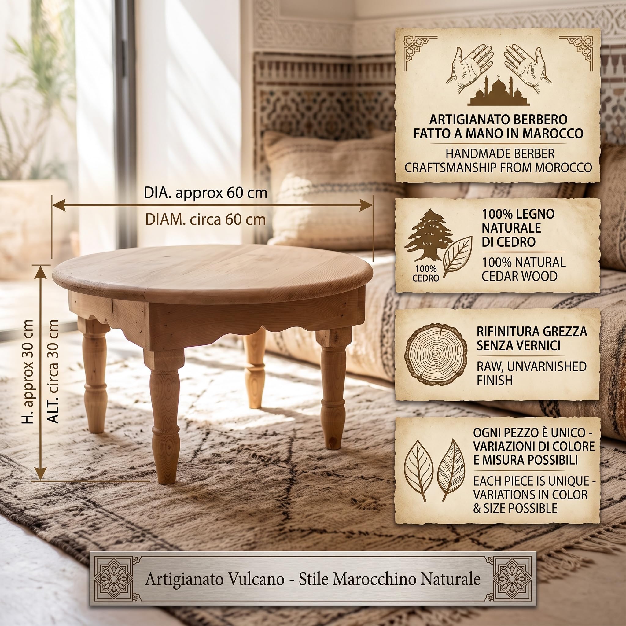 Tavolino Marocchino Etnico in Legno Grezzo di Cedro, Diametro 60 cm