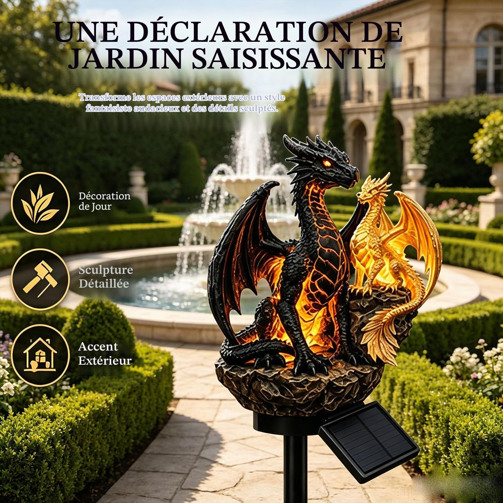 Dragon Legacy Golden Ember Edition Lampe solaire de jardin en forme de dragon, lampe solaire en forme de braise dorée, lampe figurine de statue jardin de dragons,gothique médiévale fantastique (1pc)
