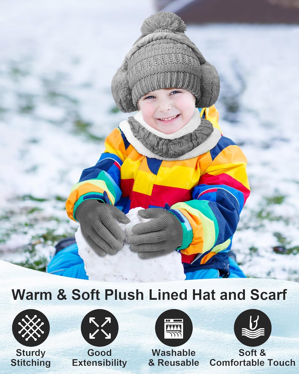 Suhine 12 Pcs Winter Soft Kid Hat Scarf Gloves Earmuffs Set Knit Hat and Gloves Neck Warmer Plush Ear Muffs for Kid Aged 3-10 - Image 5