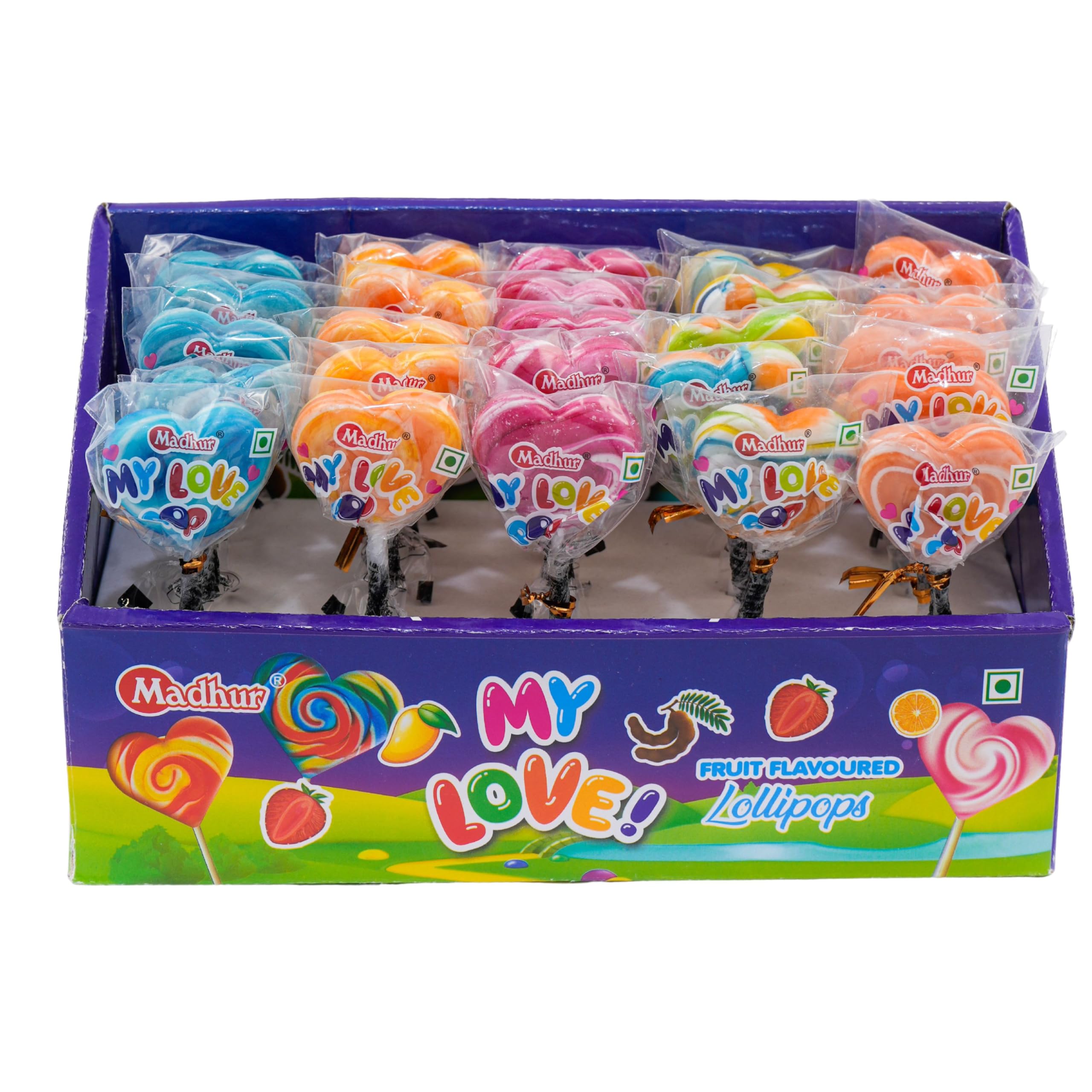 Madhur Assorted Fruit Flavored Heart-Shaped Lollipops | Mixed Fruit Candy | My Love Lollipops for Kids and All Ages | Gluten-Free & Dairy-Free -375 Gm