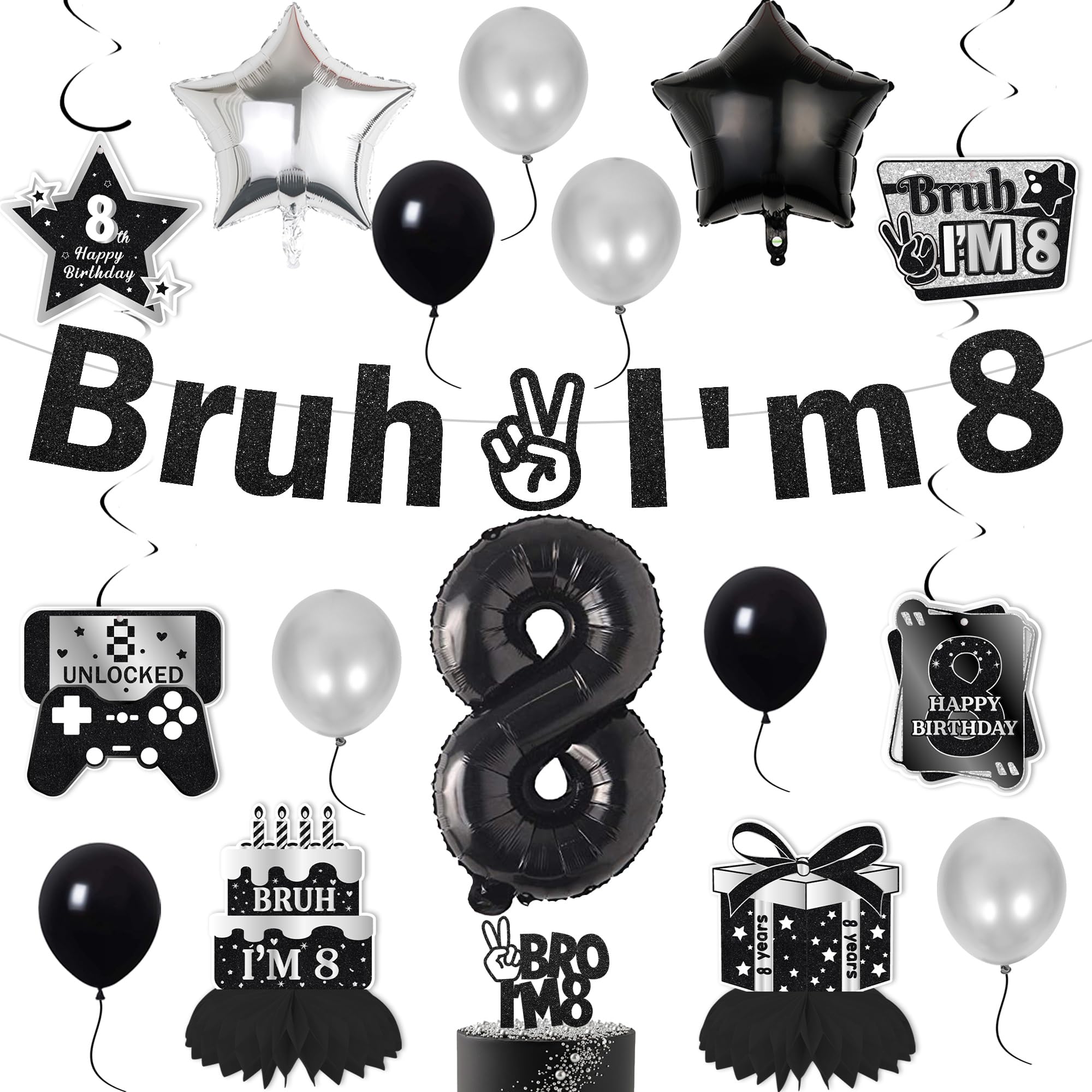 Bruh 8th Birthday Decorations for Boys - Bruh I'm 8 Banner Number Heart Balloons Honeycomb Centrepieces, Cake Topper Black 8 Years Old Boys Party Supplies - Blue Black Theme - 24 Pieces
