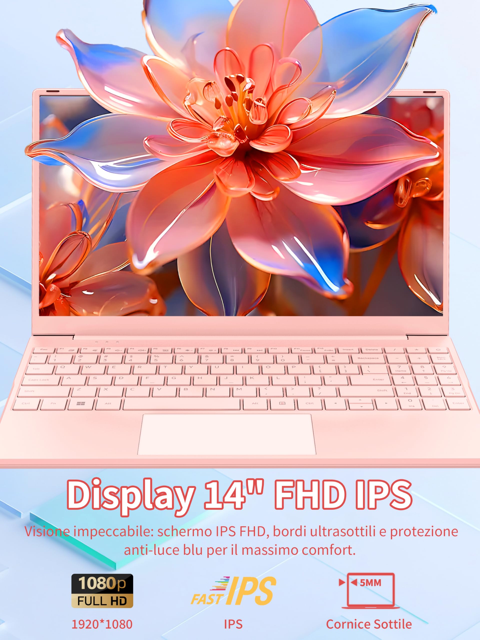 Amita Notebook 14 Zoll Pastellrosa mit N5095 Prozessor (bis zu 2,9 GHz), 16 GB DDR4-RAM, Tastaturhülle ITA, USB3.0, BT5.0, Mini-HD, physische Privatsphäre-Taste Webcam. (GB, 256)