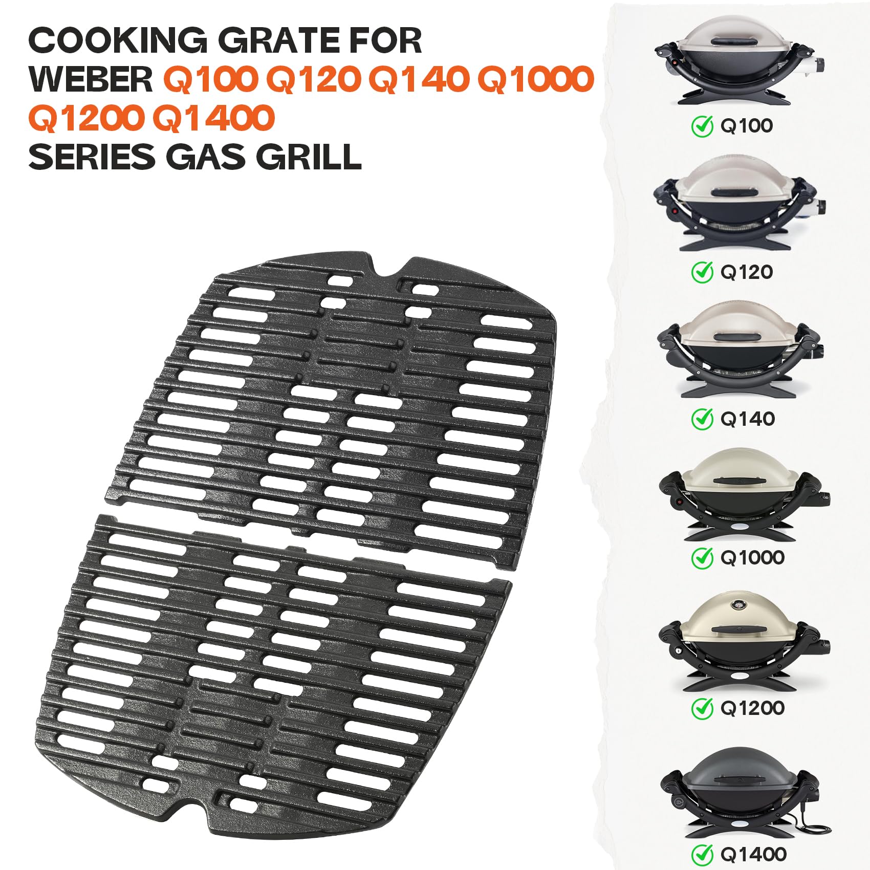 Onlyfire żeliwny ruszt do grillowania, część zamienna do Weber Q100, seria Q1000, Q1200, Q1400, zamiennik do grilla gazowego Weber 7644, 2-częściowy zestaw