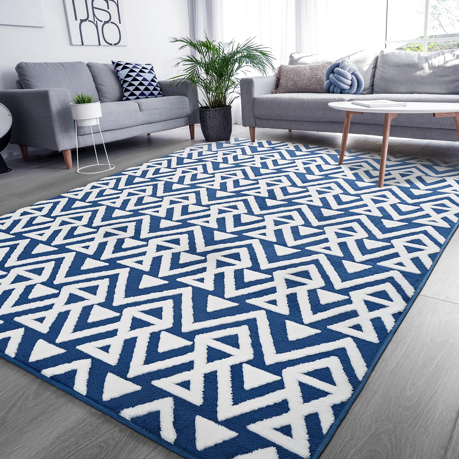 Ompaa Ultra Soft Shaggy Rugs Memory Foam Bedroom Carpet, Blue 5 x 8 Feet, Plush Geometric Textured Area Rugs for Living Room Couch Dorm Bedside Kids Girls Teens Room Nursery Decor Floor Mat