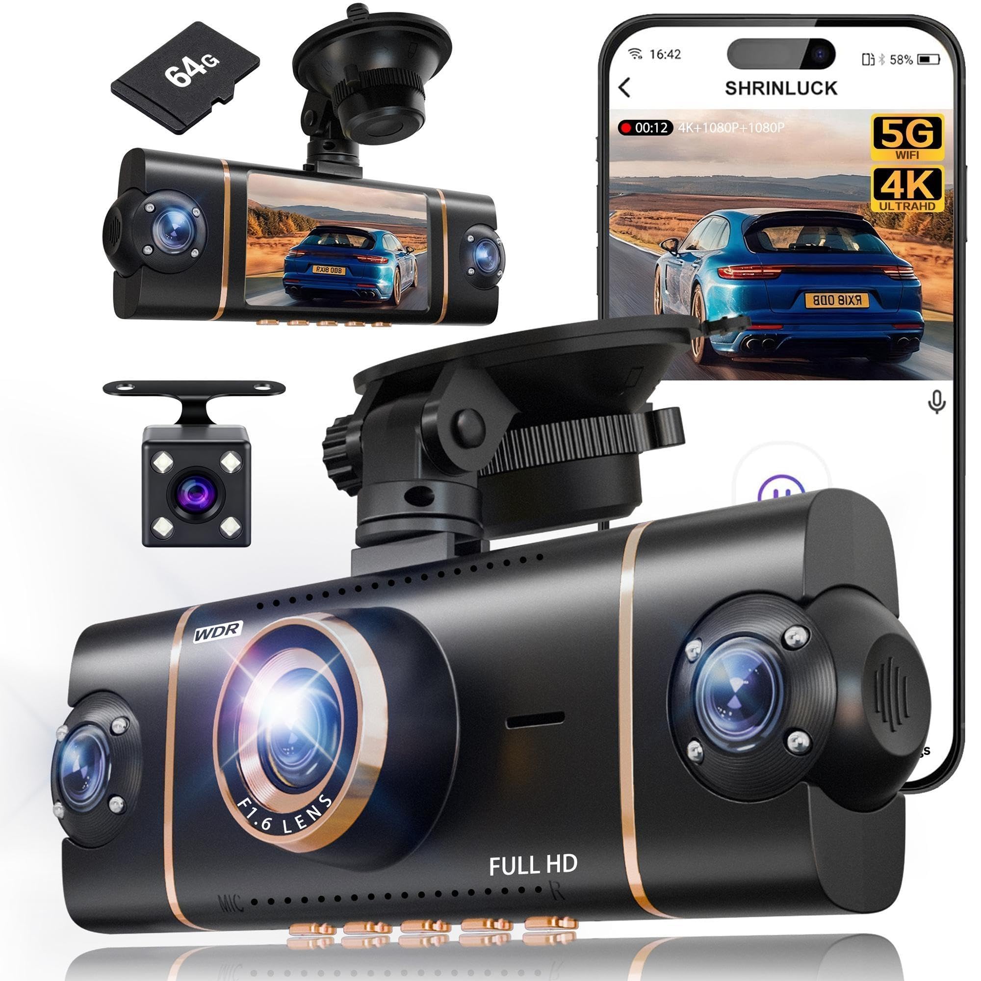 4 Channel Dash Cam, 4K + 3 x 1080P Front/Rear/Inside/Side 360°View | 64GB Card Included | Built-in 5G WiFi GPS | 24H Parking Mode | G-Sensor | Loop Recording