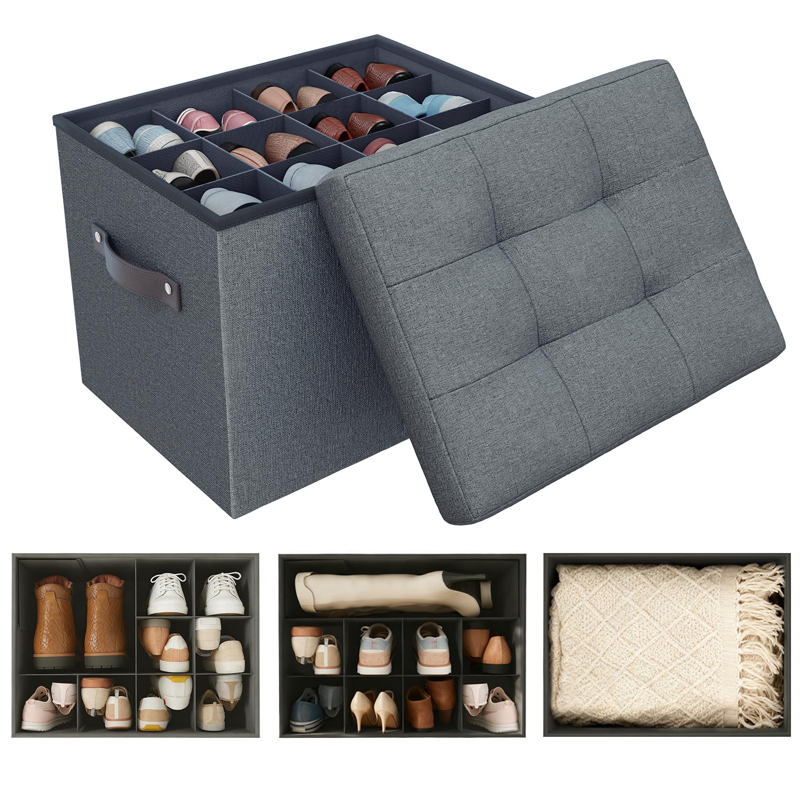 Banco otomano de almacenamiento, organizador con divisores ajustables con tapa para zapatos, ropa, juguete, manta, reposapiés plegable con almacenamiento para sala de estar y dormitorio