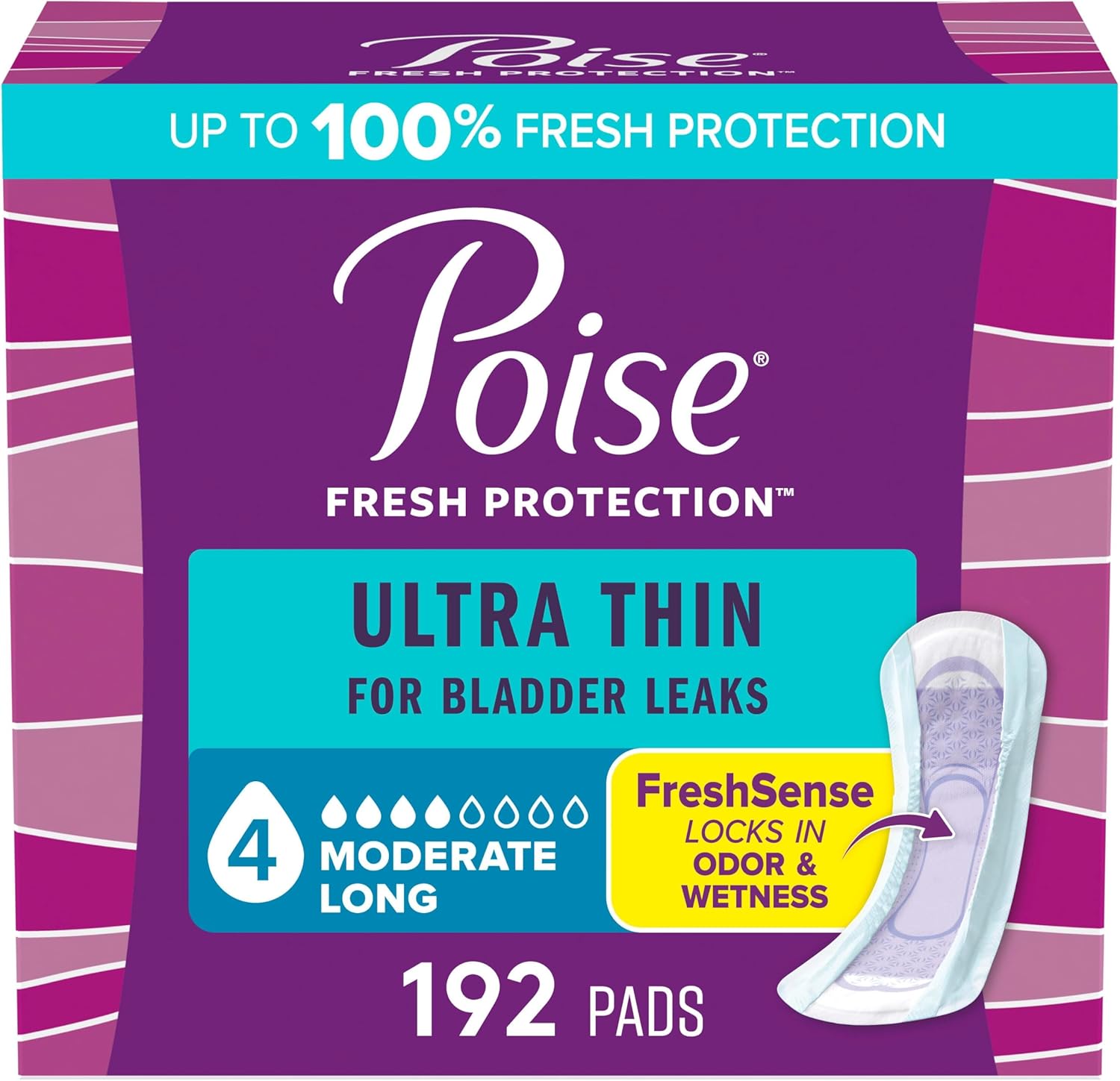 Poise Ultra Thin Incontinence Pads & Postpartum Pads for Bladder Leaks, 4 Drop Moderate Absorbency, Long Length, 192 Count (4 Packs of 48), Packaging May Vary Long Length 192