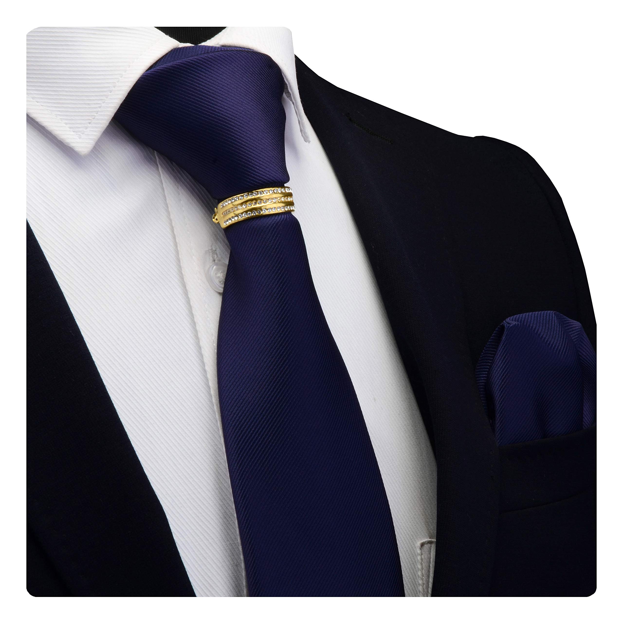 Gusleson Brand Men's Silk Solid Work Navy Blue Formal Ties Neckties Clasp Accessories Sets Gifts (UK0799-03-G)