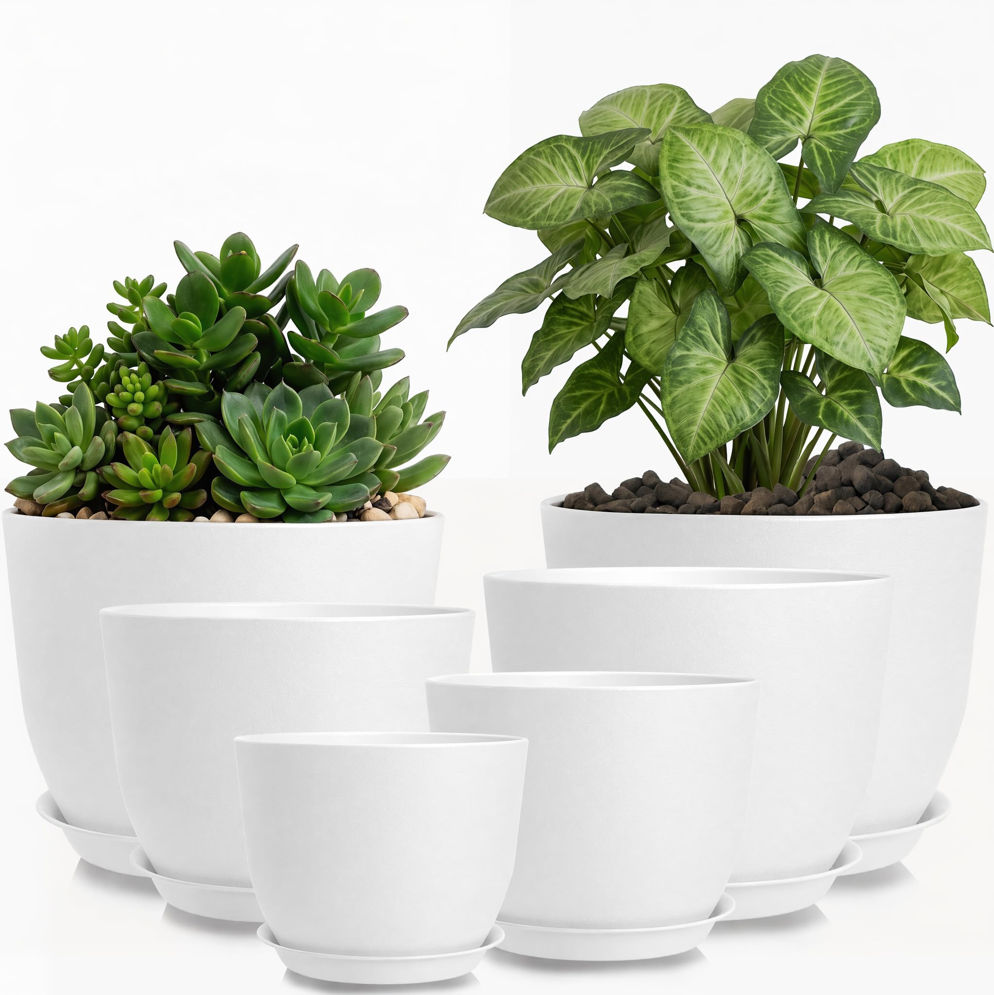 Xtrillogen 25/23/20/18/16/12 Large Plastic Plant Pots Indoor,6PCS Indoor Plant Pot with Drainage Holes and Saucer,Small House Garden Flower Planters (White)