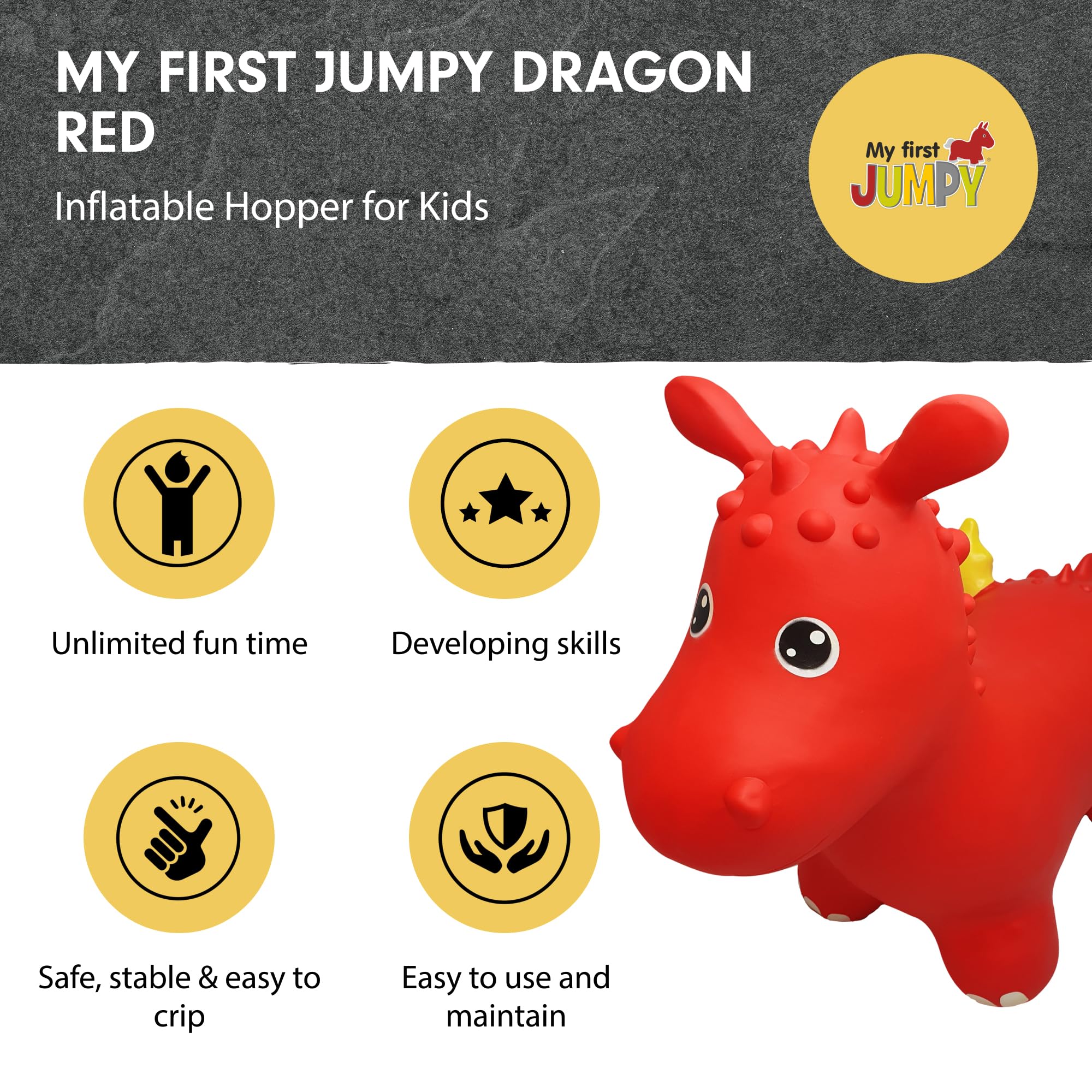 GERARDO'S My First Jumpy Dragon Rouge - Trampoline - Voiturette - Enfant - Inclut Pompe - Rouge - 1 Joueur - Caoutchouc - Pas de Piles Requises - Manuel - Ride on