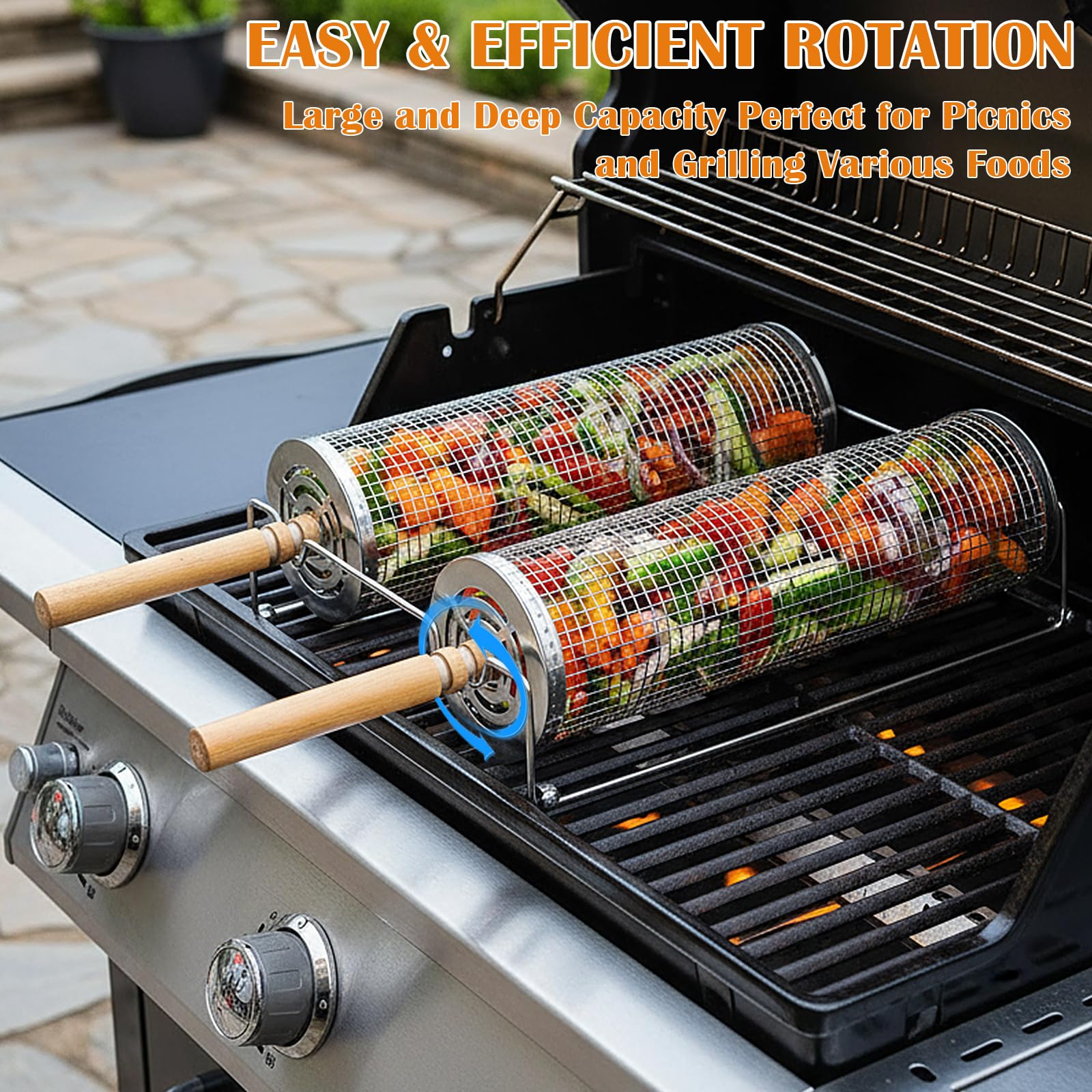 2 Pcs Set Barbecue 30cm 29cm, Upgrade Opening, Grille Barbecue Ronde Acier Inoxydable avec 2 Poignée Amovible Bois, 2 Crochets, 2 Fourchettes, Brosse, Supports, Panier Cuisson pour Accessoires Viande