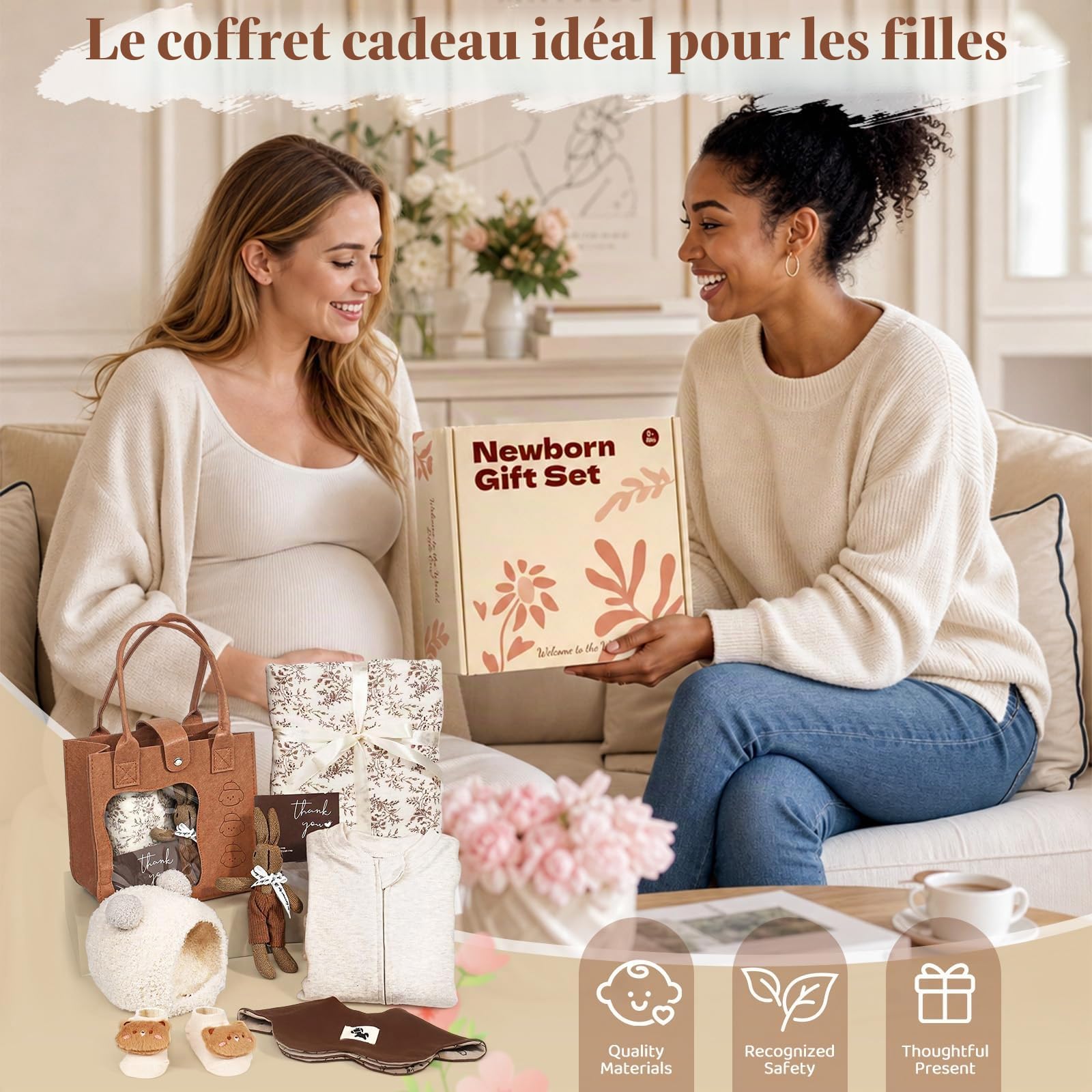 TUZT Coffret Cadeaux de Naissance Garcon Fille Cadeau ave Barboteuse Couverture Doudou Bavoir Chaussettes Bonnet Cartes Sac à Main en Feutrine, Cadeau pour Baby Shower Bebe Nouveau Né Coffret
