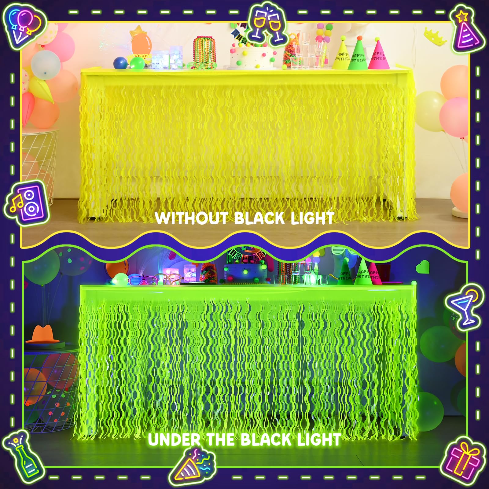Mega-L Glow in The Dark Party Supplies, 2 Pack Neon Party Decorations Fluorescent Macaron Yellow Wavy Metallic Tinsel Foil Fringe Table Skirts, Perfect Table Decors for Glow Party, Birthday Decor