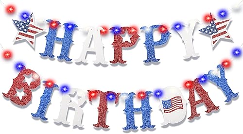 Miniatura 8 de Cartel de feliz cumpleaños con cadena de luces de hadas, decoración de cumpleaños del 4 de julio, decoración de cumpleaños del Día de la Bandera de