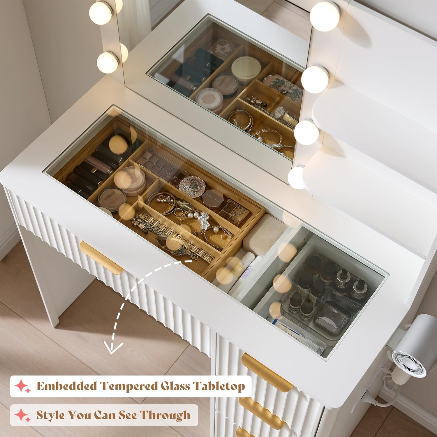 AMERLIFE 36.2" Fluted Vanity Desk with Mirror and Adjustable LED Lights, Large 4 Drawers Makeup Table with Glass Top and Charging Station for Women and Girls, Bedroom or Dorm, White