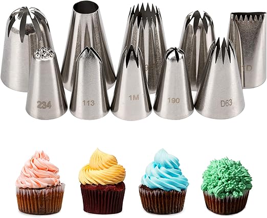 Cake Decorating Icing Piping Tip Set, 10 X-large Decorating Tips Stainless Steel Plus 20 Disposable Pastry Bags